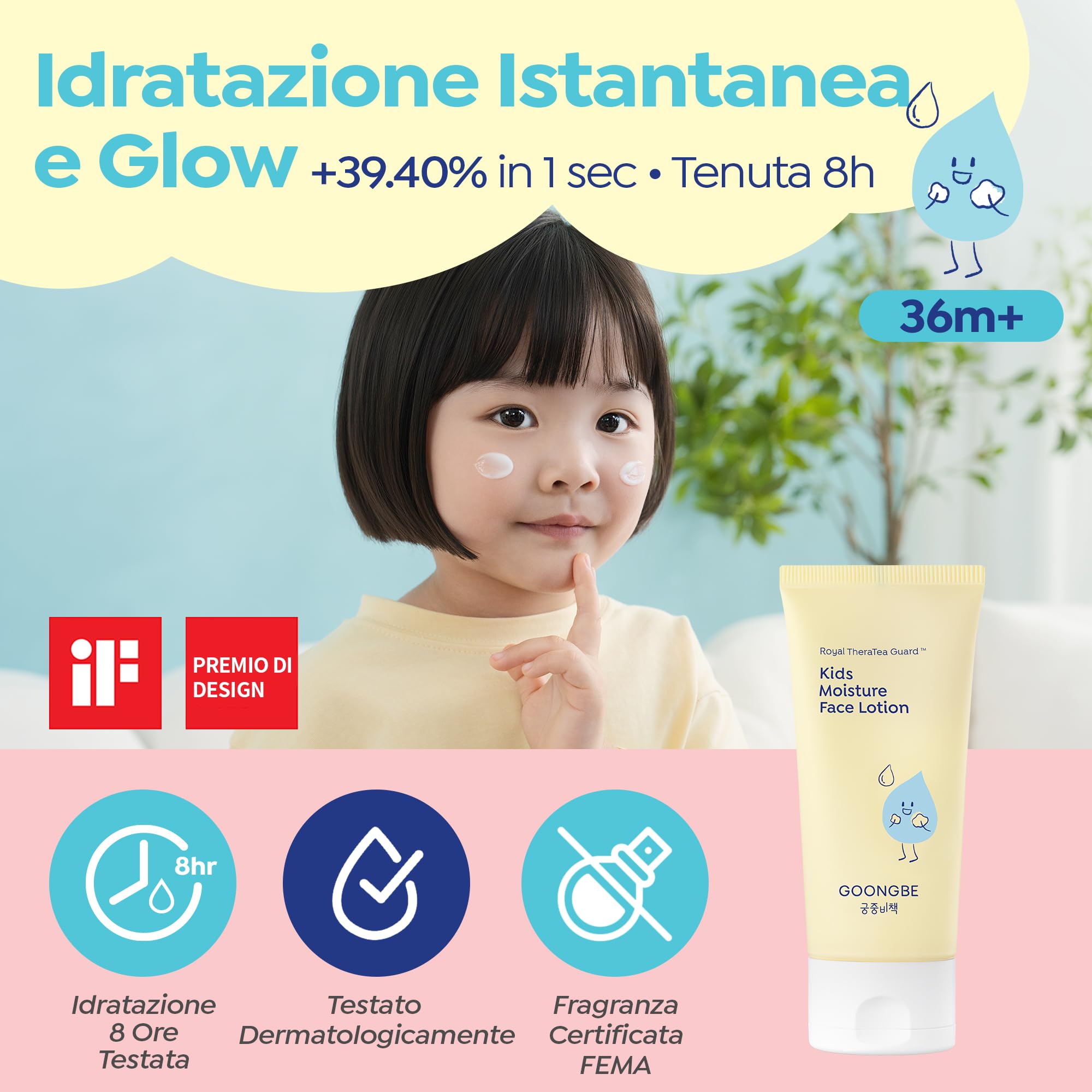 GOONGBE Lozione viso idratante per bambini, idratazione quotidiana del viso per bambini coreani, 8 ore idratante rinfrescante con Cica e Allantoina, profumo anallergico,
