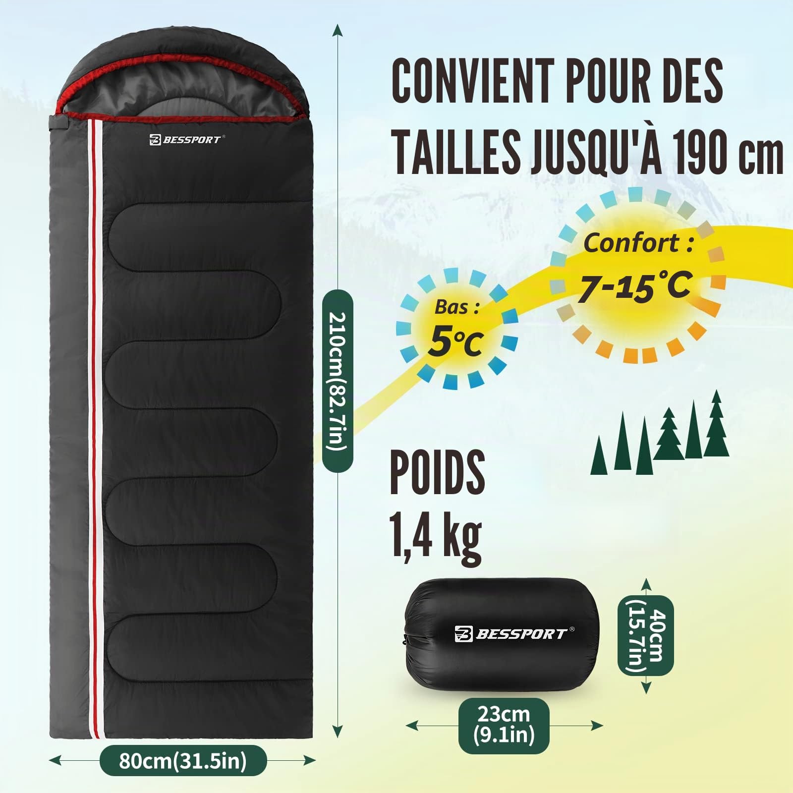 Bessport Sac de Couchage 3-4 Saisons Imperméable Chaud pour Adultes,Léger et Compact, Convient pour Le Camping, la randonnée, la randonnée
