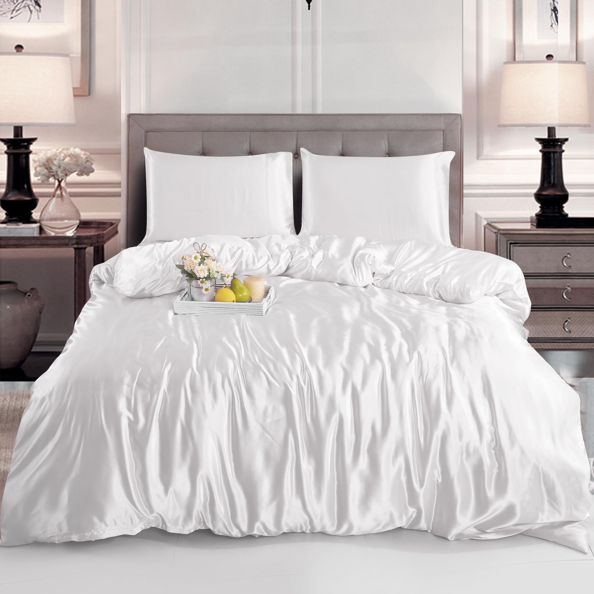 SAIMAZ Luxury Satin Duvet Cover Set with 2 Pillowcases – Silky Soft Bedding Set – Shiny Double Bed Linen – Wrinkle-Free & Elegant Bedroom Decor (WHITE, Double)