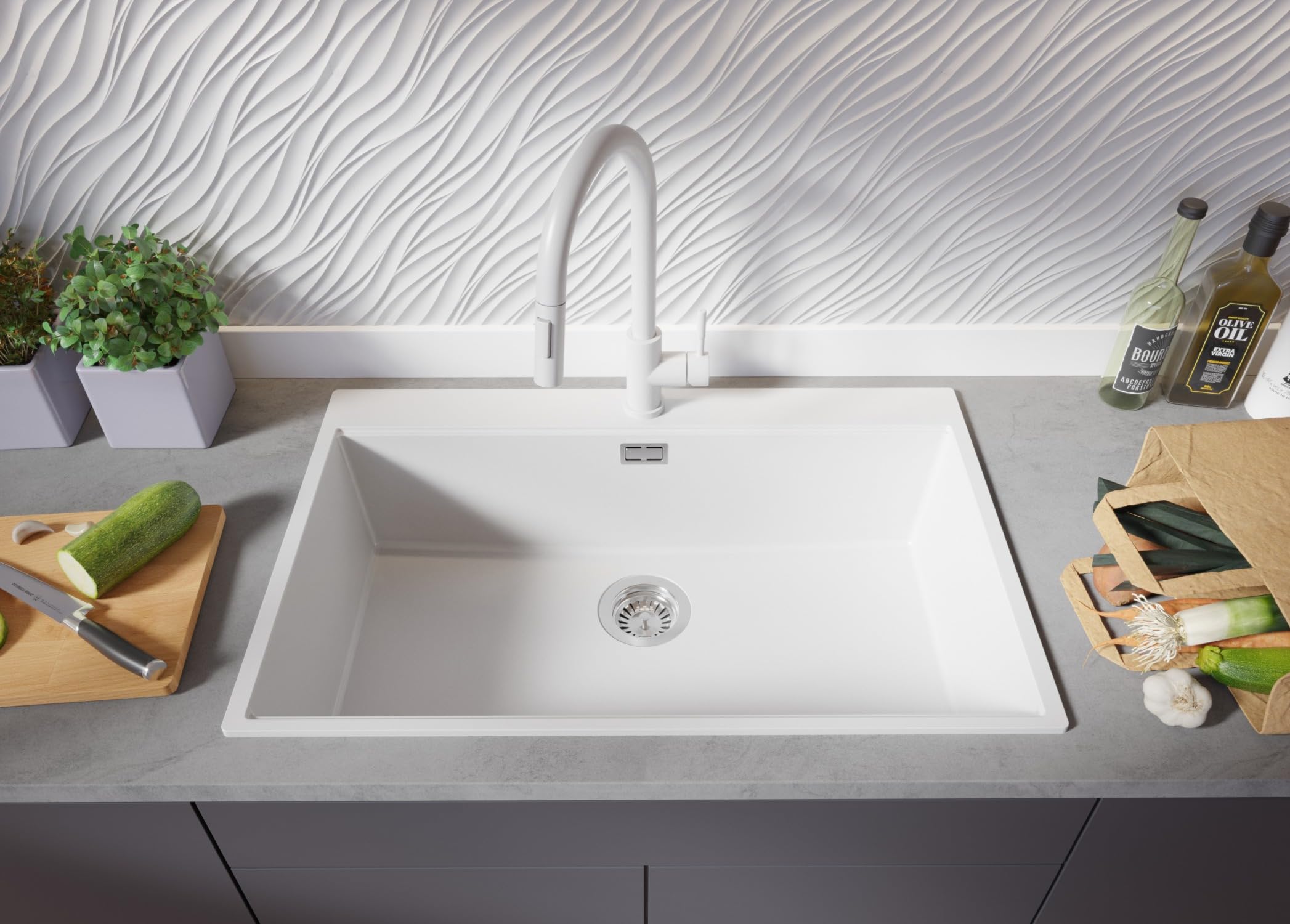 PRIMAGRAN Lavello da Cucina Bianco 78x50cm, Lavandino in Granito a 1 vasca + Set di accessori, Lavabo da Cucina Incasso al Mobile 80cm - Oslo Top S558