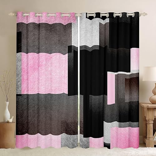 Cortinas geométricas para dormitorio, sala de estar (2 paneles de 38 x 45 pulgadas) para niños, color rosa, gris y negro, cortinas opacas modernas,