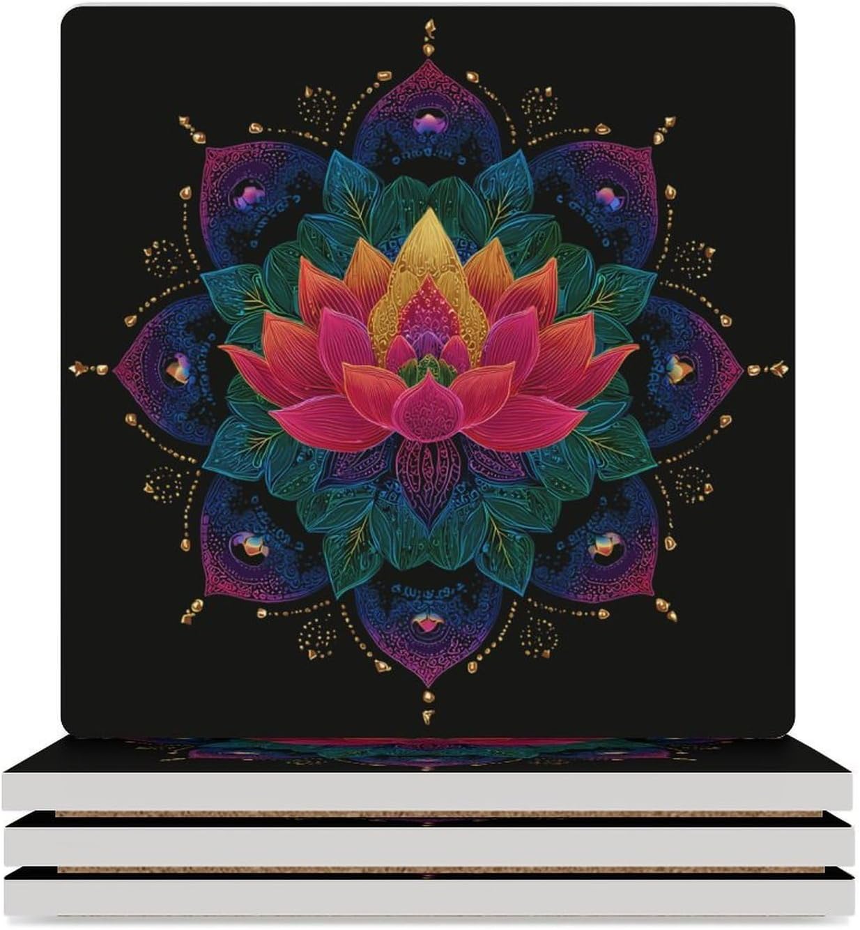 Colorful Mandala Coaster for Drinks Square Ceramic Table Coasters Stone Mat Crafts 4PCS Home Kitchen Decor