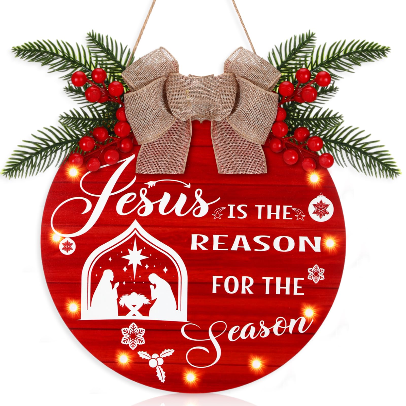 Coume Letrero colgante de madera de 30,5 cm con texto en inglés "Jesus is the Reason for the Season" con luces LED, placa de Navidad, belén de Navidad, corona de puerta para puerta delantera de