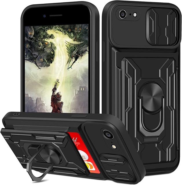 Aolcev for iPhone 7 Case iPhone SE 2020/2022 Case with Card Holder Wallet Case with Camera Cover Ring Kickstand Heavy Duty Case Armor Shockproof Protective Case Cover for iPhone 7/8/SE 2/SE 3-Black