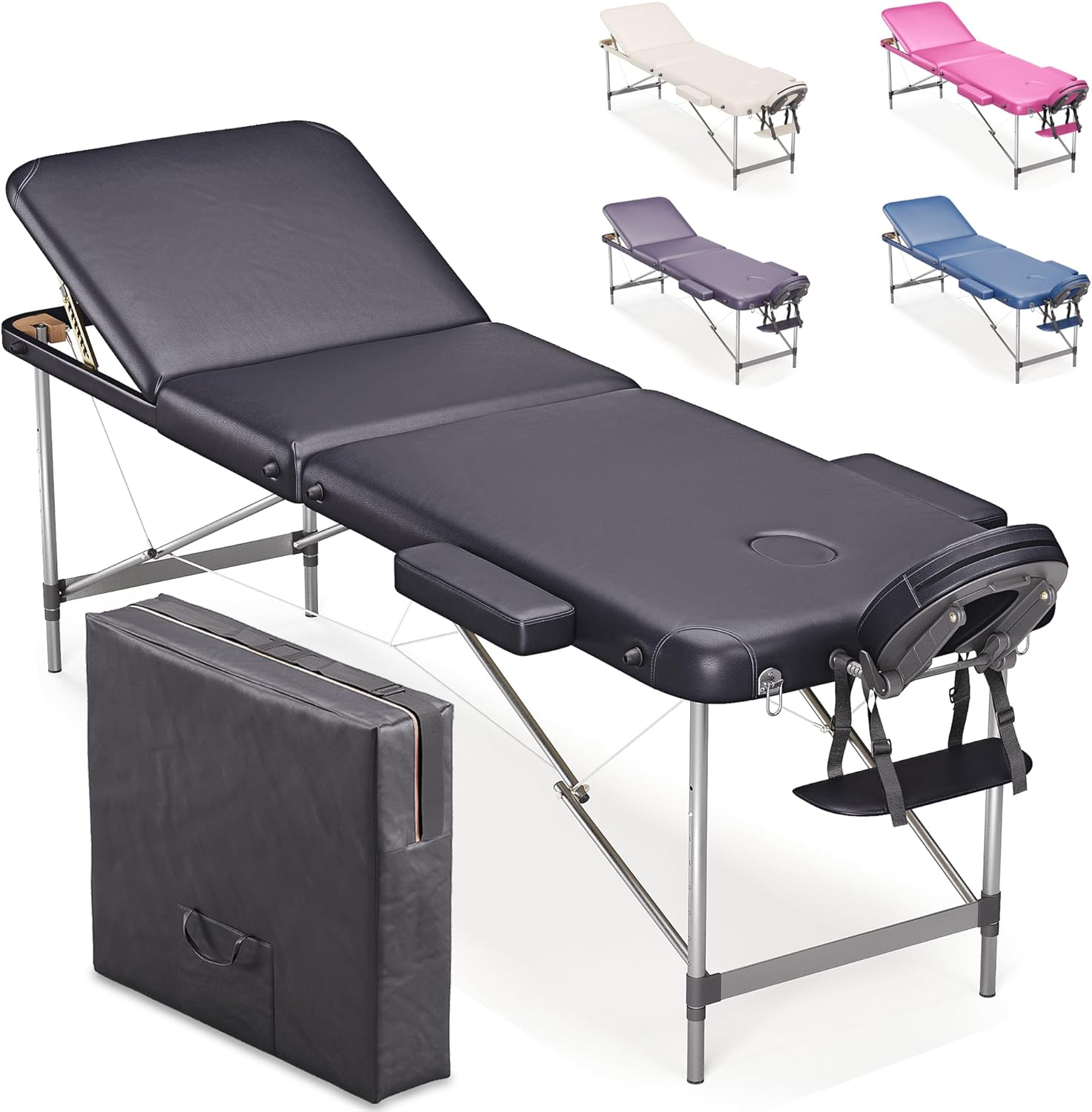 Beltom® Lettino per Massaggi 3 Zone Alluminio 195×70 Cm Portatile Pieghevole Angoli Arrotondati Rinforzati Nero