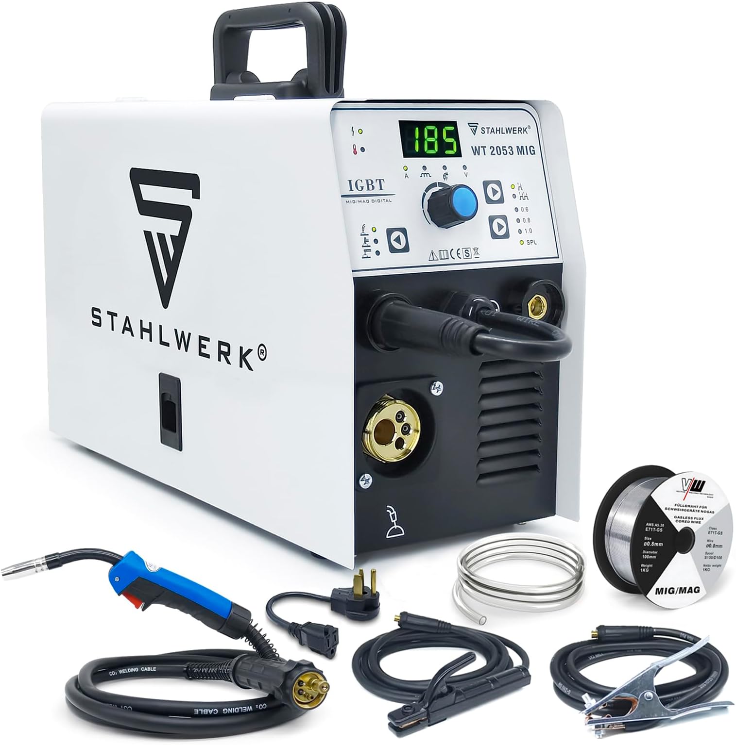 S STAHLWERK 185A Mig Welder 3 in 1 Flux MIG/Solid Wire/Lift TIG/Stick Welder 110V/220V Dual Voltage Gas/Gasless Welding Machine