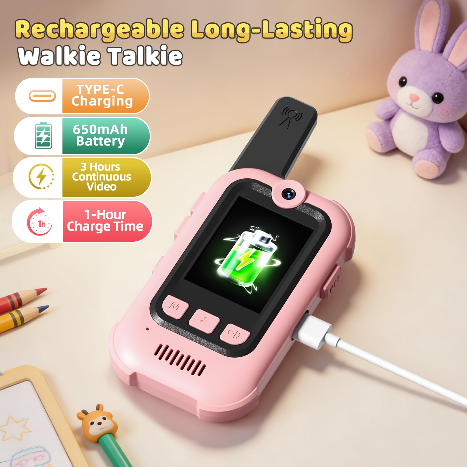 Video Walkie Talkies for Kids, 2 Pack Long Range Walkie Talkies with Screen & Voice Changer, Outdoor Toys for Boys Girls Ages 3-12, Family Games Birthday Gifts for Kids (Blue+Pink)