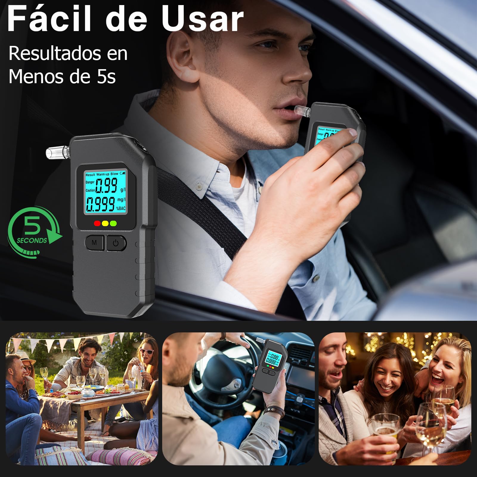 Dusefogo Alcoholímetro Homologado DGT, Test de Alcoholemia con Pantalla LCD y 20 Boquillas, Alcolimetros Personal para Uso Doméstico y Profesional Comprobador de Alcohol — view 2