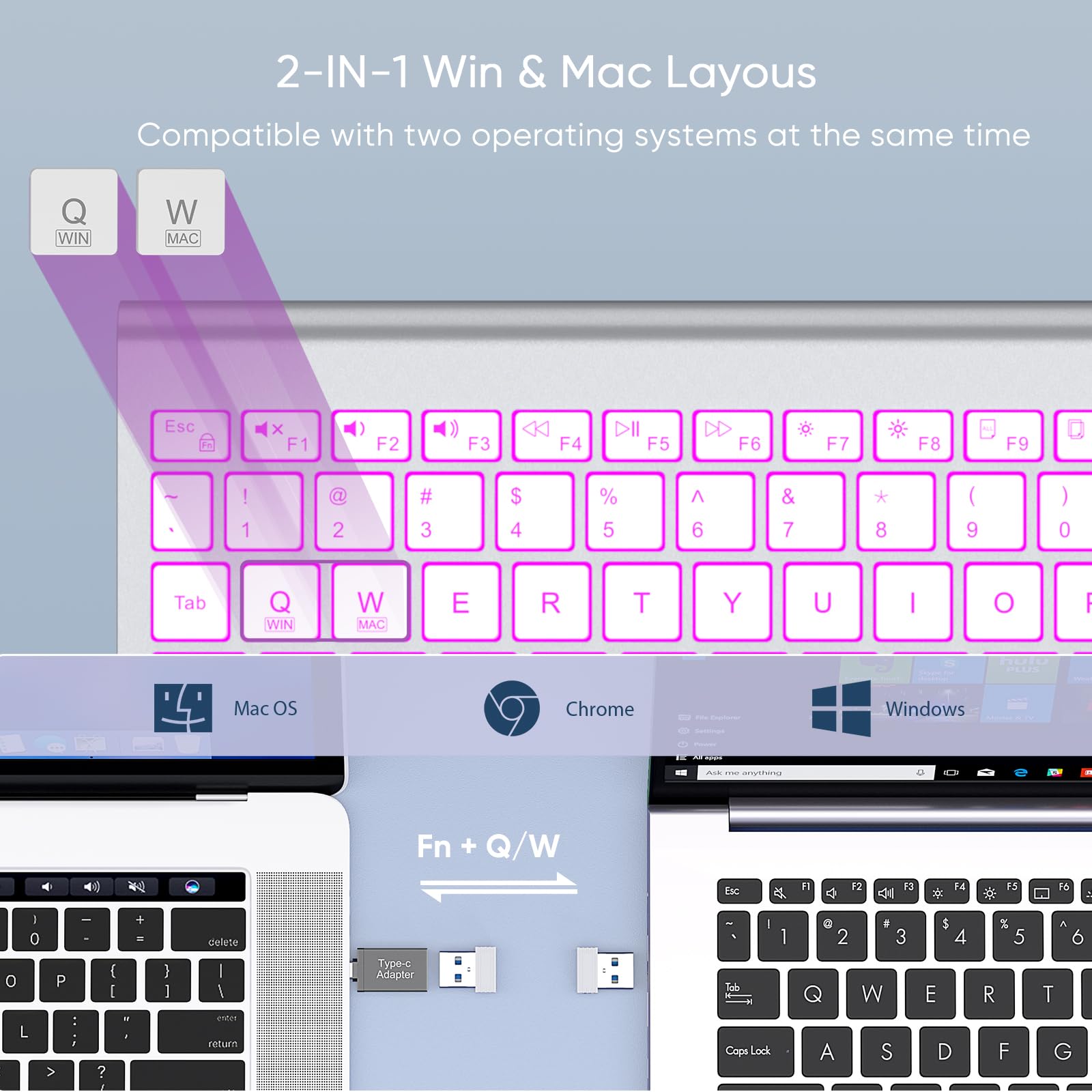 SABLUTE Wireless Keyboard with 7 Colored Backlits, Rechargeable Silent Compact Cordless Computer Keyboard with Low Profile Quiet Light Up Keys for Windows, PC, Linux, Chrome, Mac (White): Silver