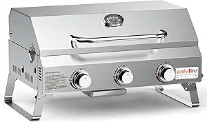 Tabletop Gas Grill 3 Burners, Stainless Steel Portable Propane Grill with Foldable Legs for Outdoor Patio Backyard Camping, Tailgating, RV Trip, Heavy Duty & 24000BTU, GS307