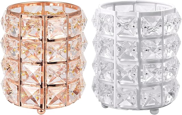 COLFULINE Makeup Brush Organiser, 2 Pcs Crystal Makeup Brush Holder, Makeup Eyebrow Brush Holder, Cosmetic Organiser Pencil Cup Desktop Decoration for Home Office Birthday Gift(Rose Gold + White)