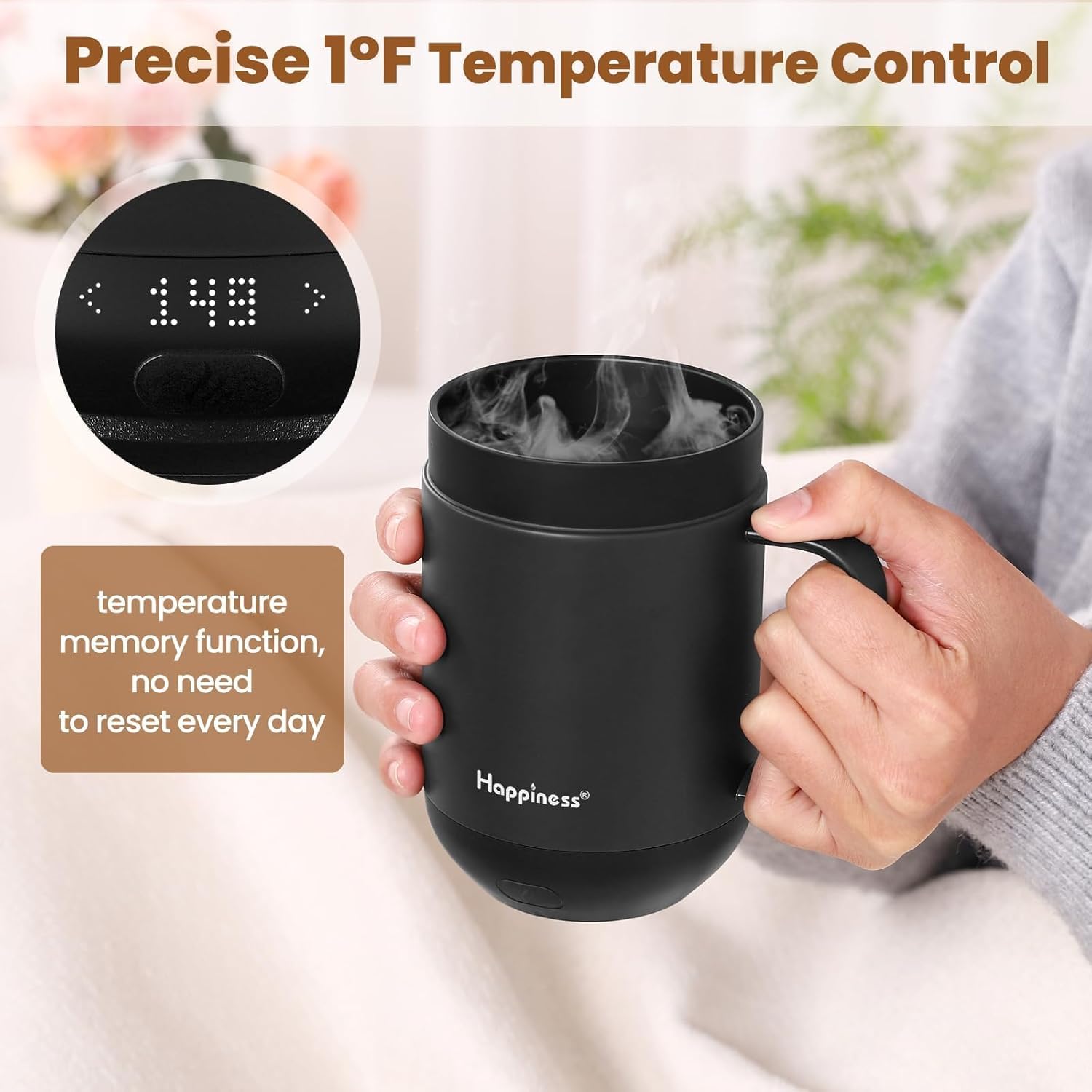 Happiness Taza de café con calefacción inteligente, taza de café eléctrica recargable de 16 onzas con control de temperatura
