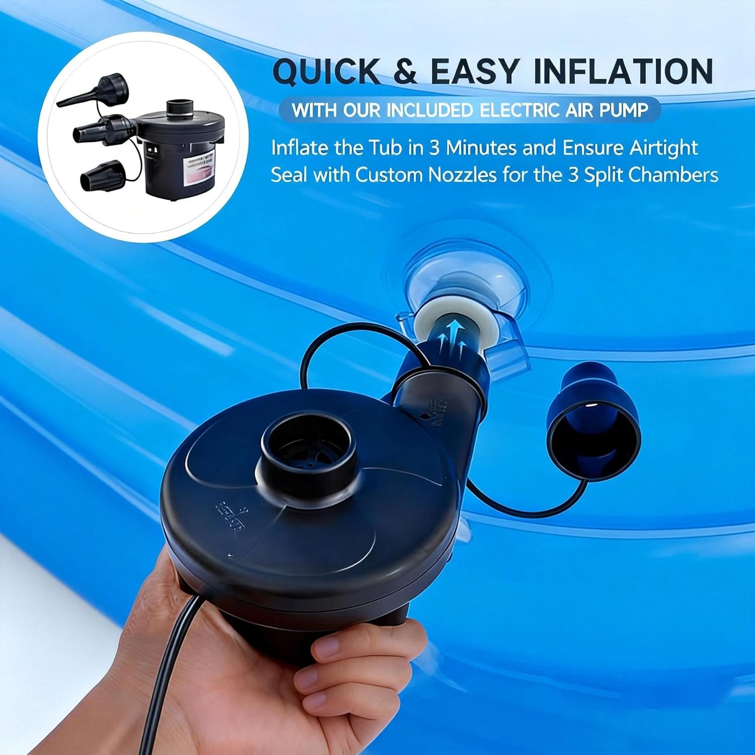 Double Inflatable Bathtub for Adults with Electric Air Pump, Portable 2-Person Spa Tub for Outdoor/Indoor Use, Includes Bath Pillow, Drain & Cup Holder, Foldable Storage, Blue