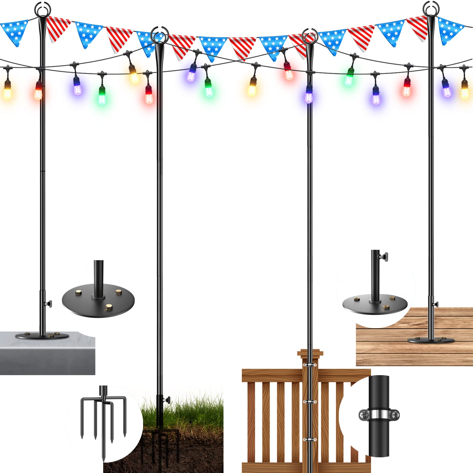 4PCS String Light Metal Poles for Outside, 9FT Steel Stand 5-Prong Fork Post, Sturdy Pole for Party, Garden, Backyard, Deck, Bistro, Wedding Decorations