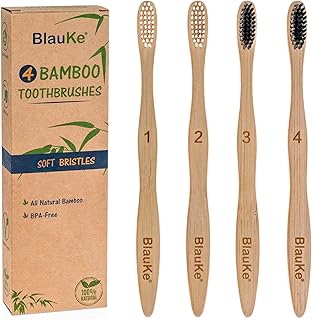Bamboo Toothbrushes Soft Bristles 4-Pack – Biodegradable, Sustainable, Natural, Eco-Friendly – Black Charcoal Wooden Toothbrushes