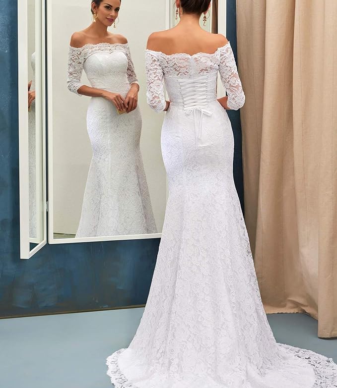 Amazon.com: Vestidos de novia de sirena de las mujeres del hombro 3/4  mangas de encaje vestido de novia con tren : Ropa, Zapatos y Joyería