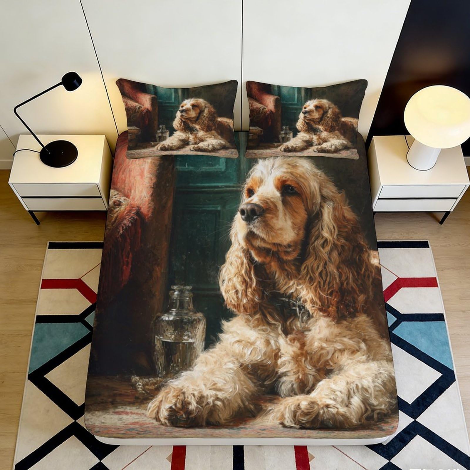3D Printed Cocker Spaniel Dog Fitted Sheet Microfiber Brown Pet Portrait Bed Cover for Bedroom Guest Room Mattress Protection Washable 90x200x25cm