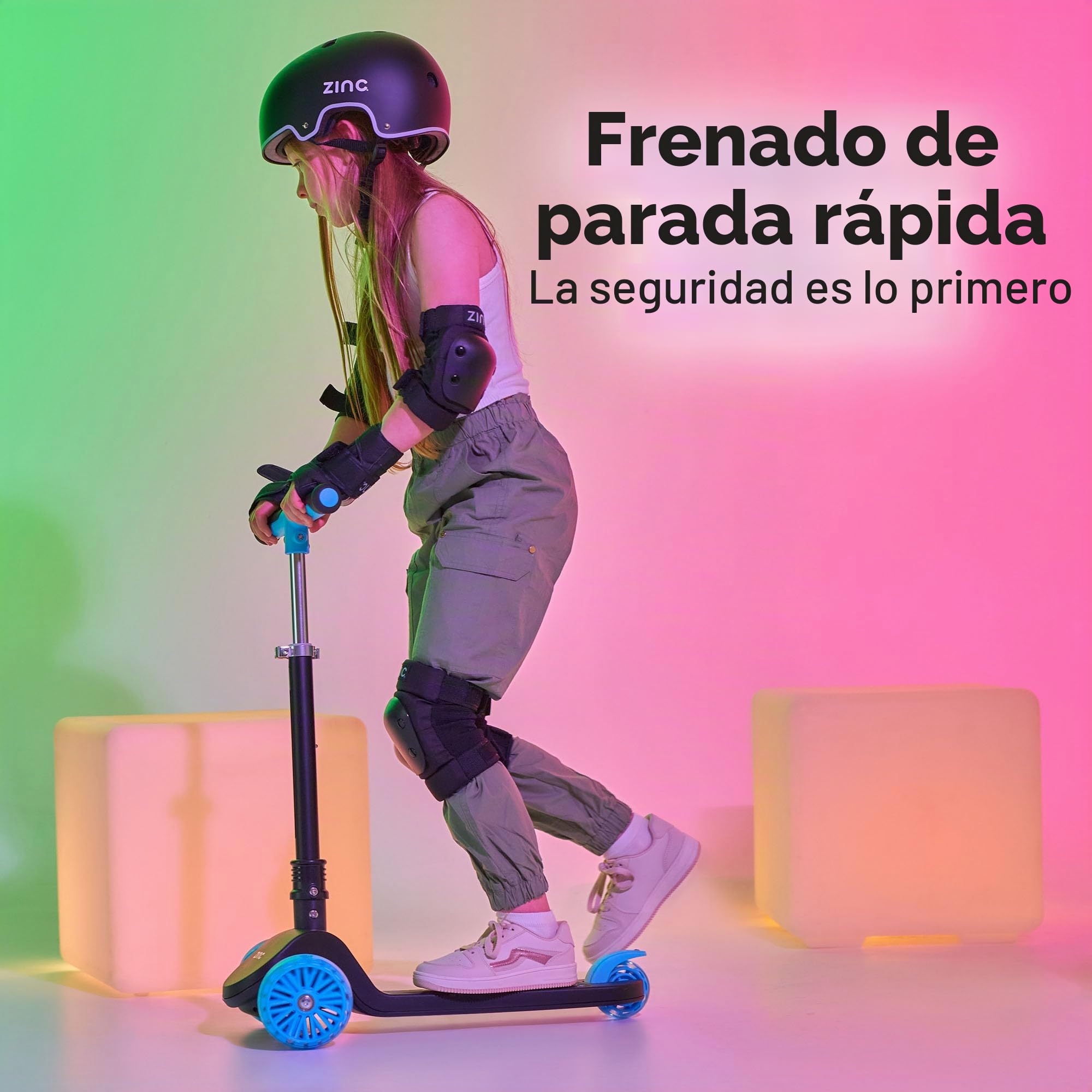 Zinc T-Motion Shine - Patinete para niños a partir de 3 años, plegable de tres ruedas para niños y niñas con cubierta y ruedas con luz LED, manubrio ajustable, controles de inclinación y dirección,