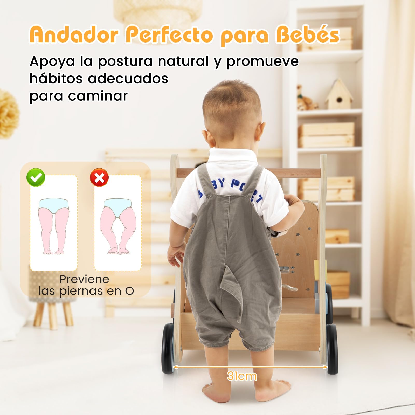 COSTWAY Andador Bebés de Madera, Andador de Aprendizaje para Empujar de Actividades Múltiples, Juguetes de Actividad con Almacenamiento, Juguete para Caminar para Niños