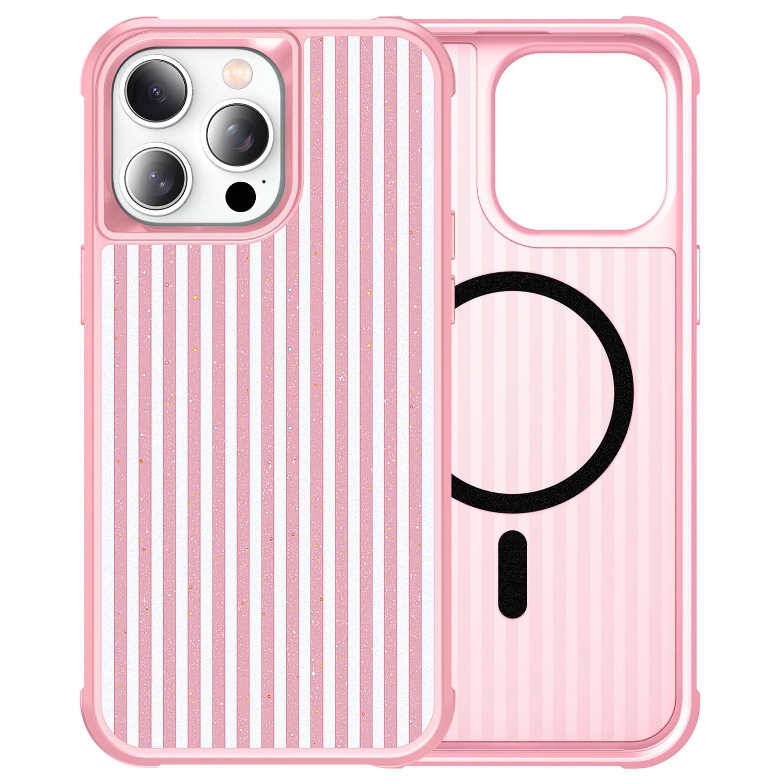 STERKER for iPhone 12 Pro Max Case & iPhone 13 Pro Max Case Cute Glitter Striped Phone Case Hard PC & Soft TPU Edge Slim Shockproof Stylish Phone Cover for Women Girls | Compatible with MagSafe, Pink