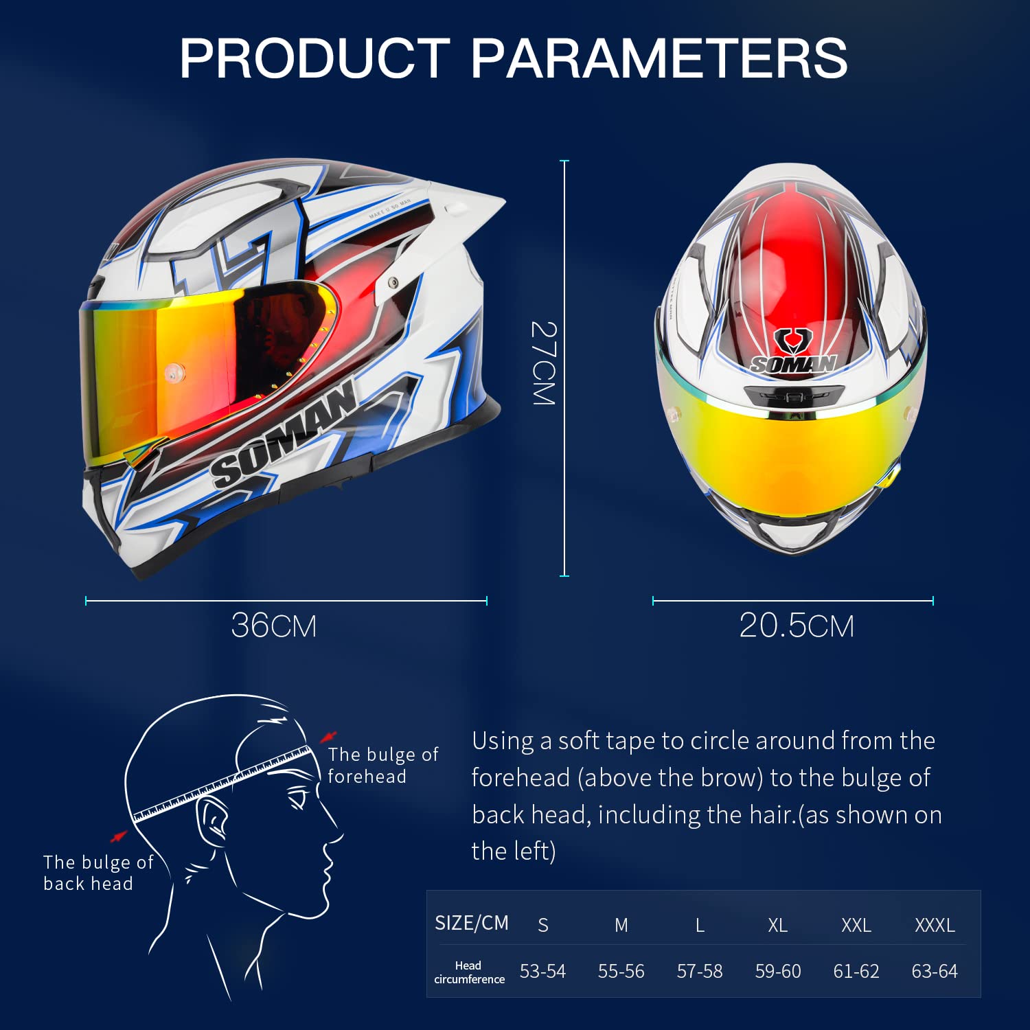 Soman Motorcycles Full Face Helmet, Street Bike Helmet with Enlarged Air Vents Double Visors for Men Women DOT Approved : Automotive