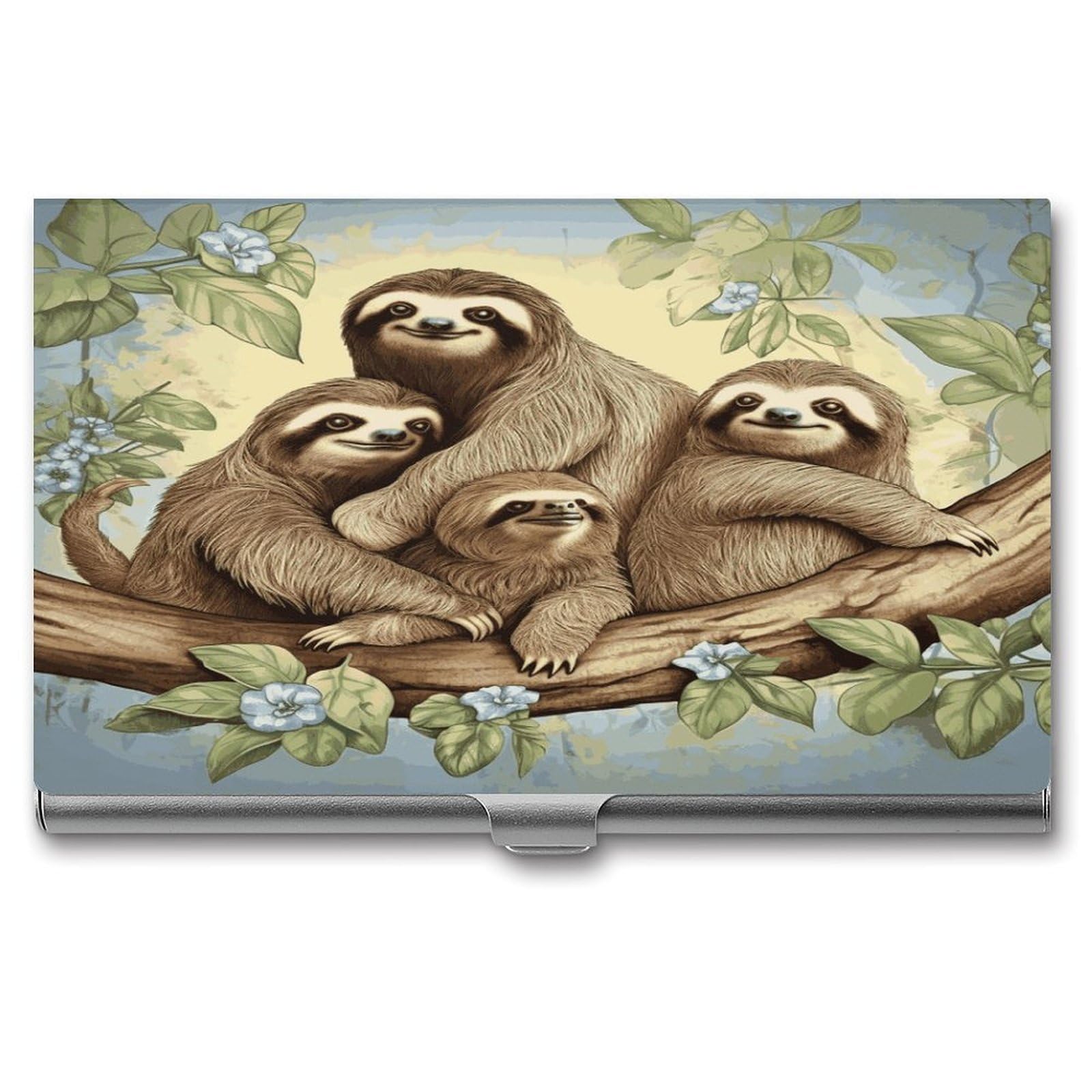 LDGSUPH Sloth Family Business Card Holder Fashion Slim Name Card Holder Minimalist Design Case Metal Card Carrier Personalized Business Card Case with Flip for Men Women