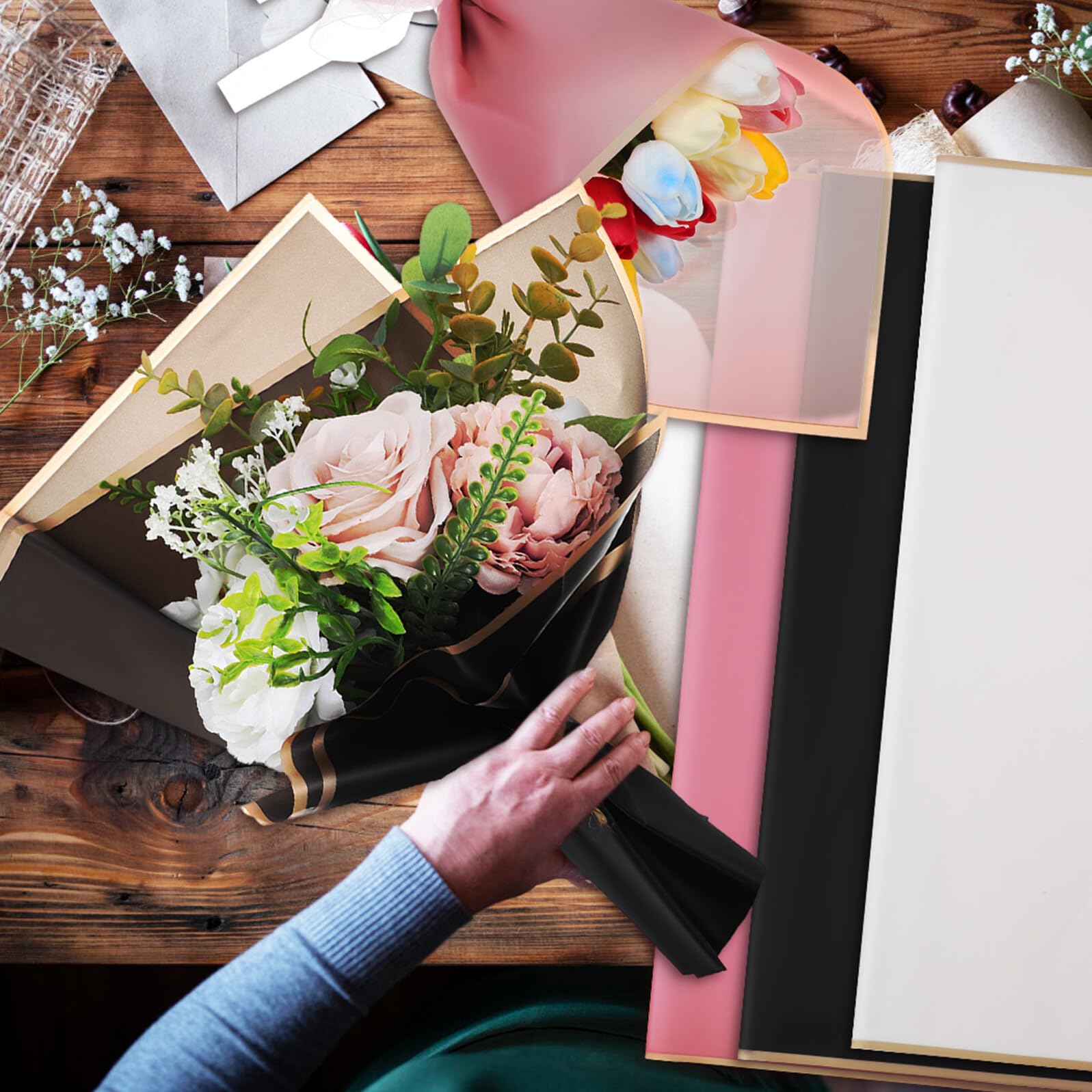 IWOWHERO 60 feuilles Papier Emballage Bouquet de Fleurs Imperméable avec Bordure Dorée Papier Fleuriste Transparent pour Mariage Anniversaire et DIY Décoration