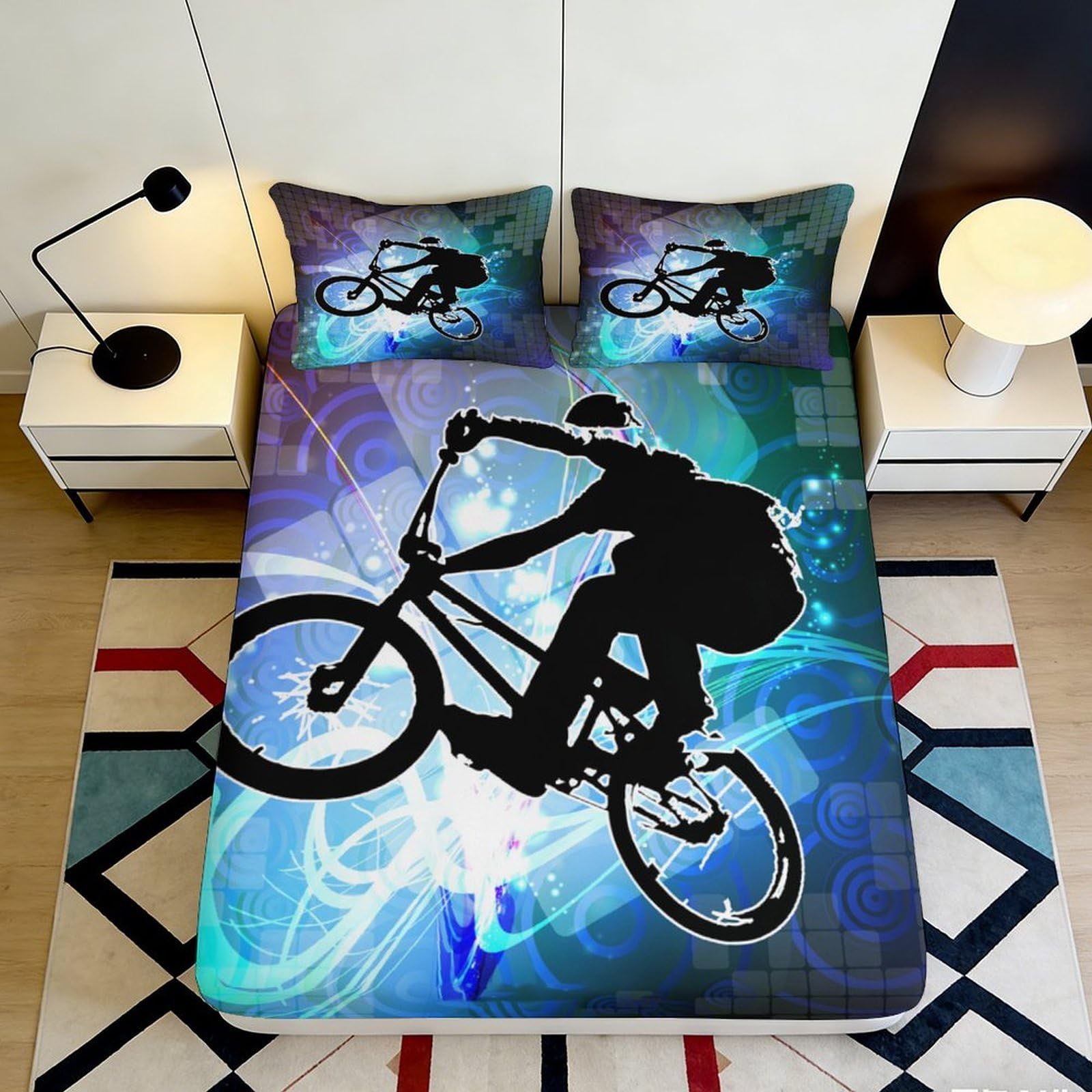 3D Printed BMX Bike Fitted Sheet Microfiber Blue Urban Graffiti Bed Cover for Bedroom Guestroom Mattress Protection 90x200x25cm