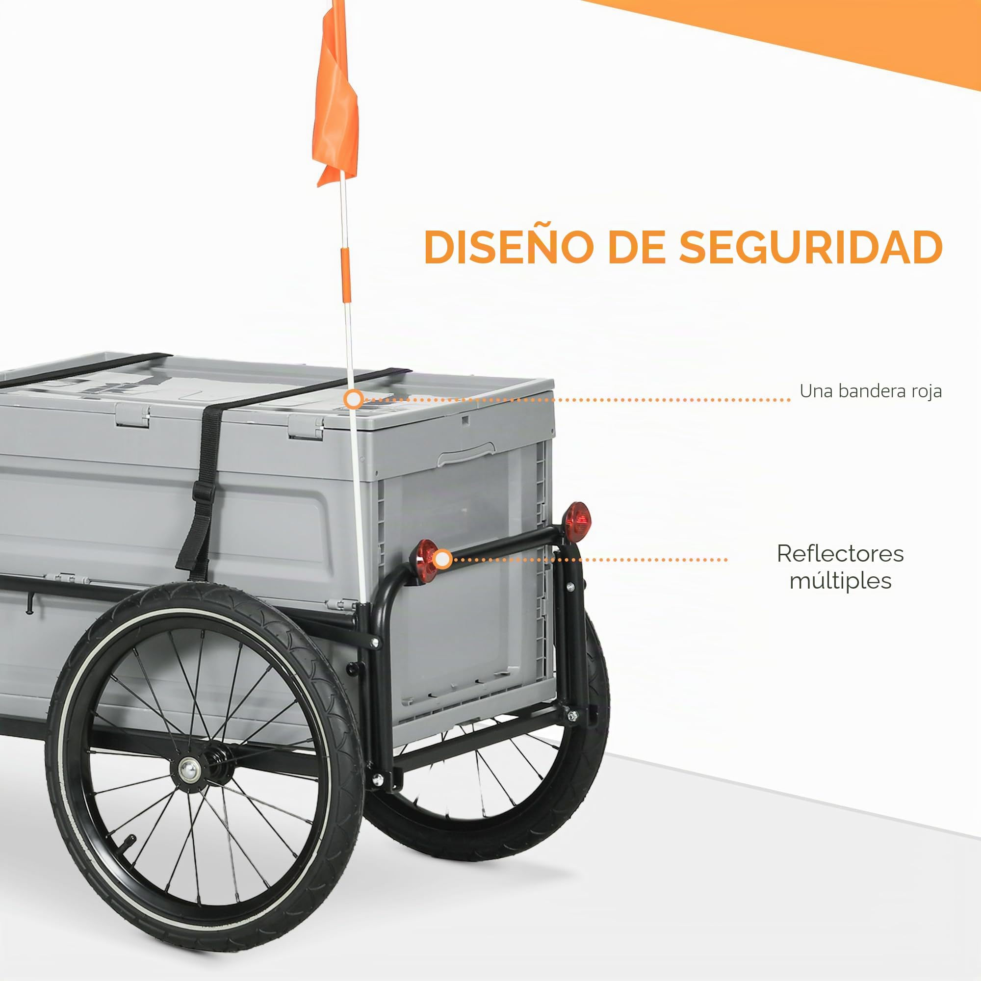 HOMCOM Remolque para bicicleta con cajón de almacenamiento extraíble y plegable de 65L, neumáticos y reflectores de seguridad, carga máxima de 40 kg, gris
