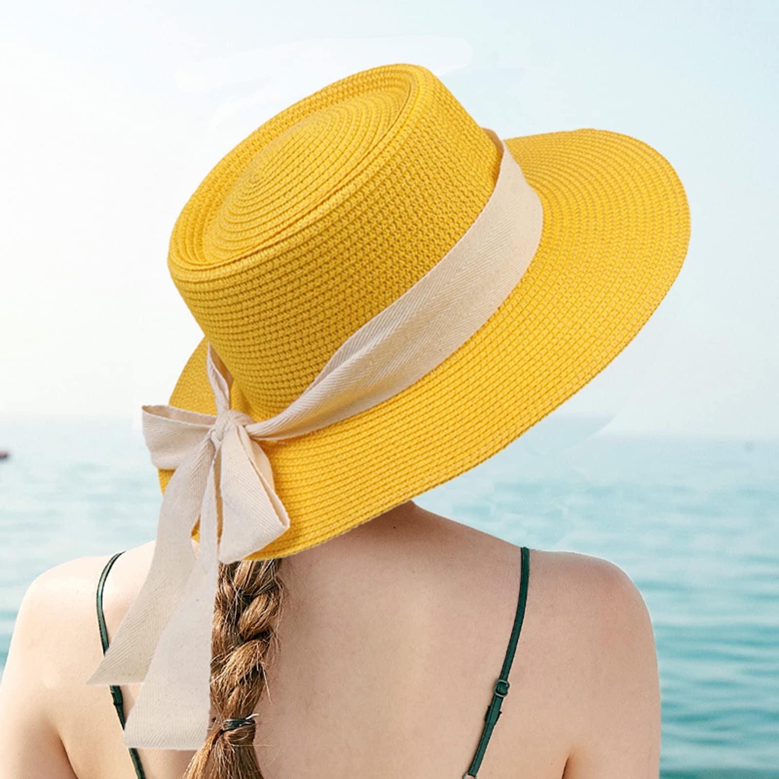 Sombrero de playa de ala ancha con protección solar para mujer, sombrero de playa con lazo blanco, gorra de paja, casual, para mujer, gorra de barco para iglesia al aire libre