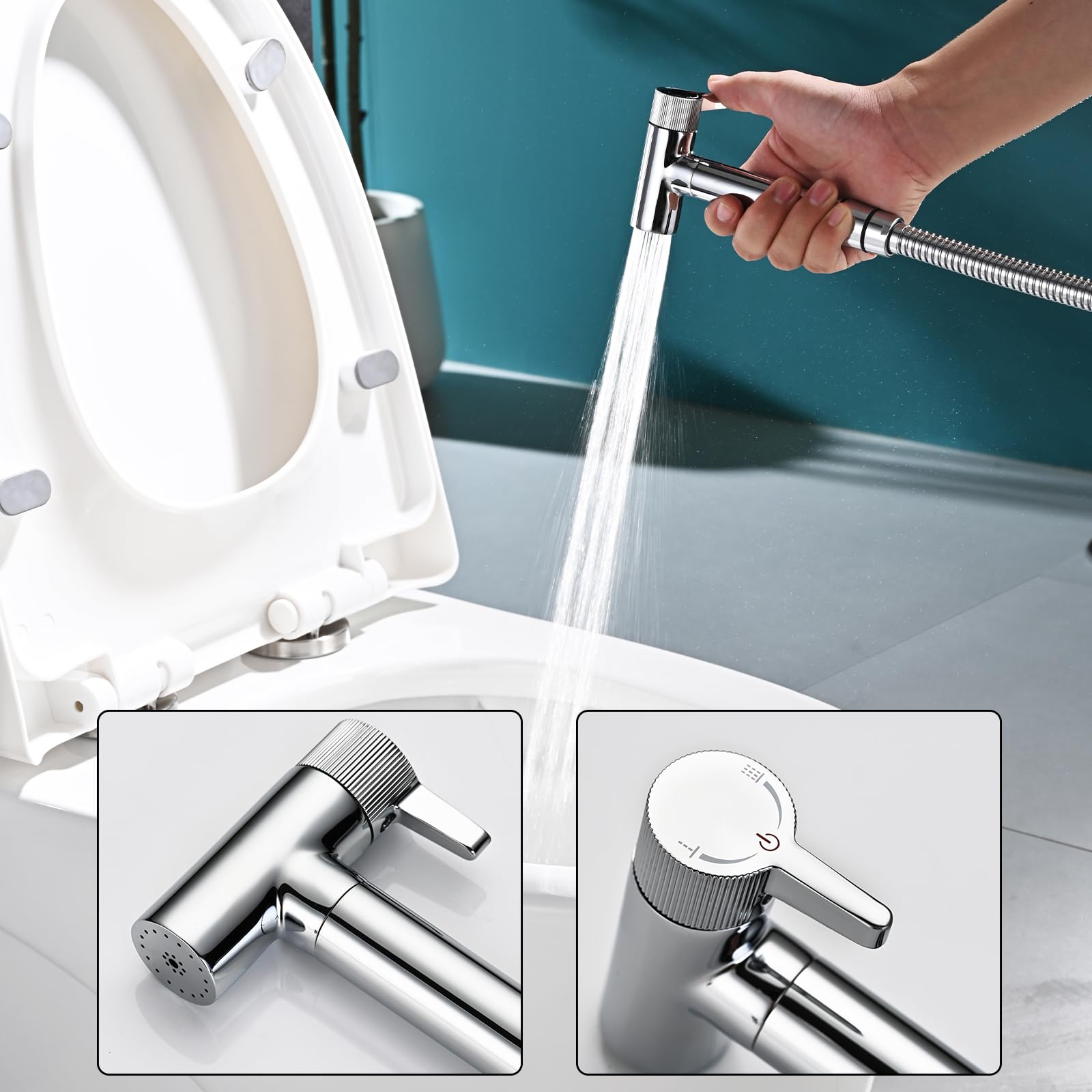 Kit Douchette WC Chrome Douchette Toilette Laiton Douchette WC Kit Complet avec Pulvérisateur Double Fonction, 1.2m Tuyau de Douche, Support