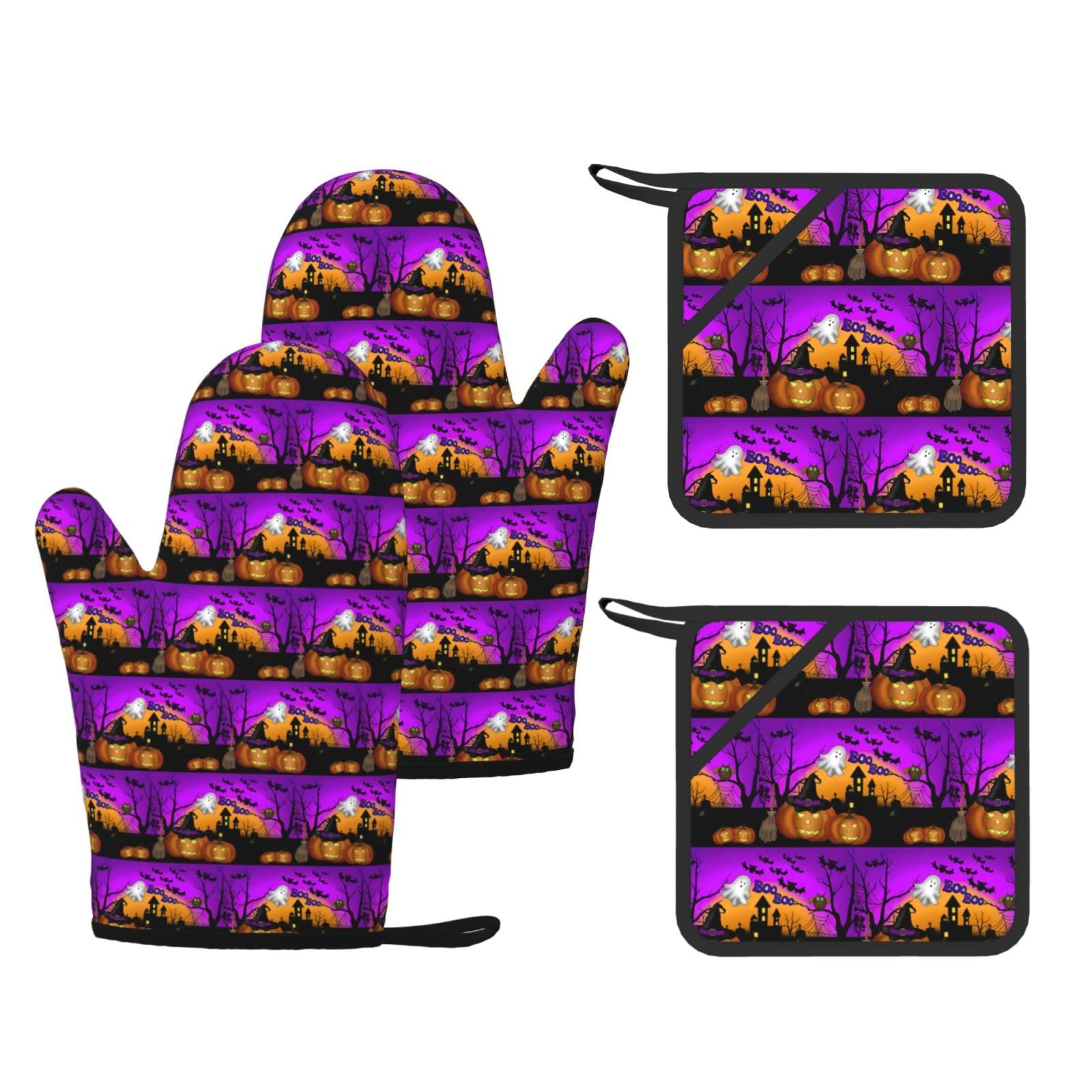Halloween Owl Pumpkin Printed Potholder and Oven Mitt Set of 4, High Heat Resistant Cooking Gloves for BBQ Grilling