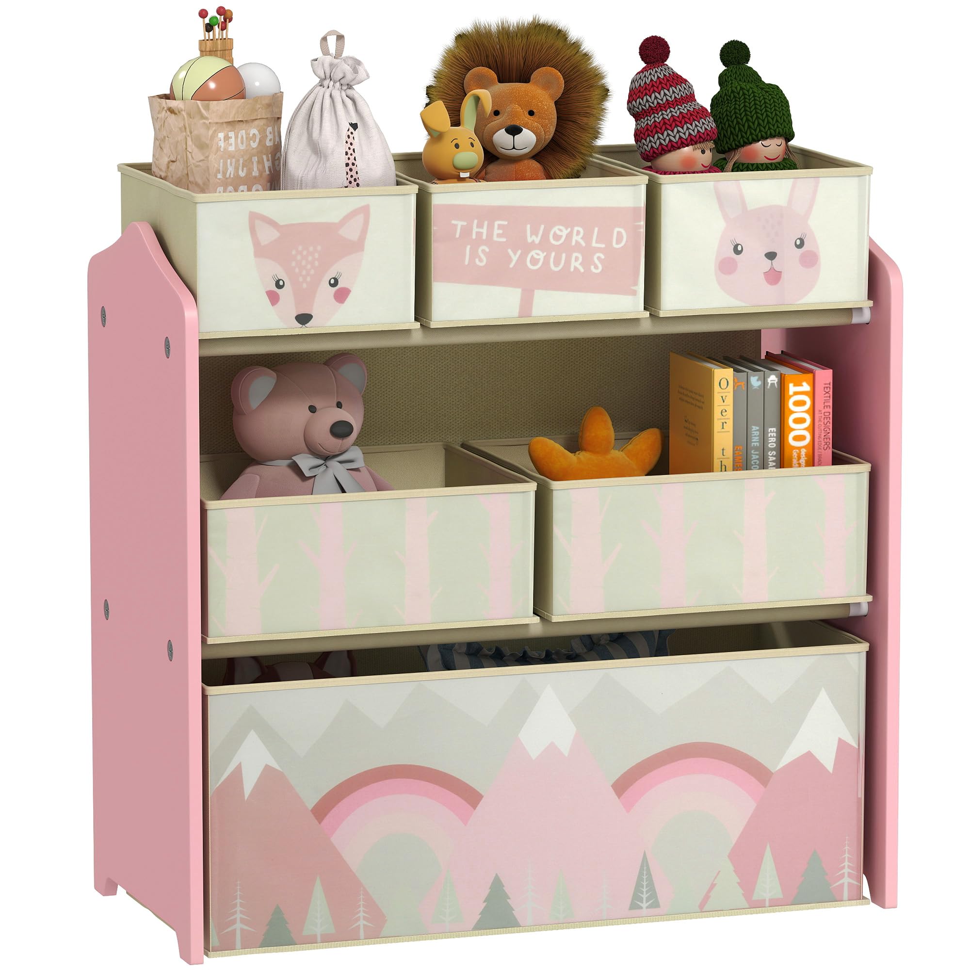 ZONEKIZ Kids Storage Unit with 6 Fabric Bins Bedroom 63 x 30 x 66cm Pink | Childrens Toy Storage Organiser, Nursery