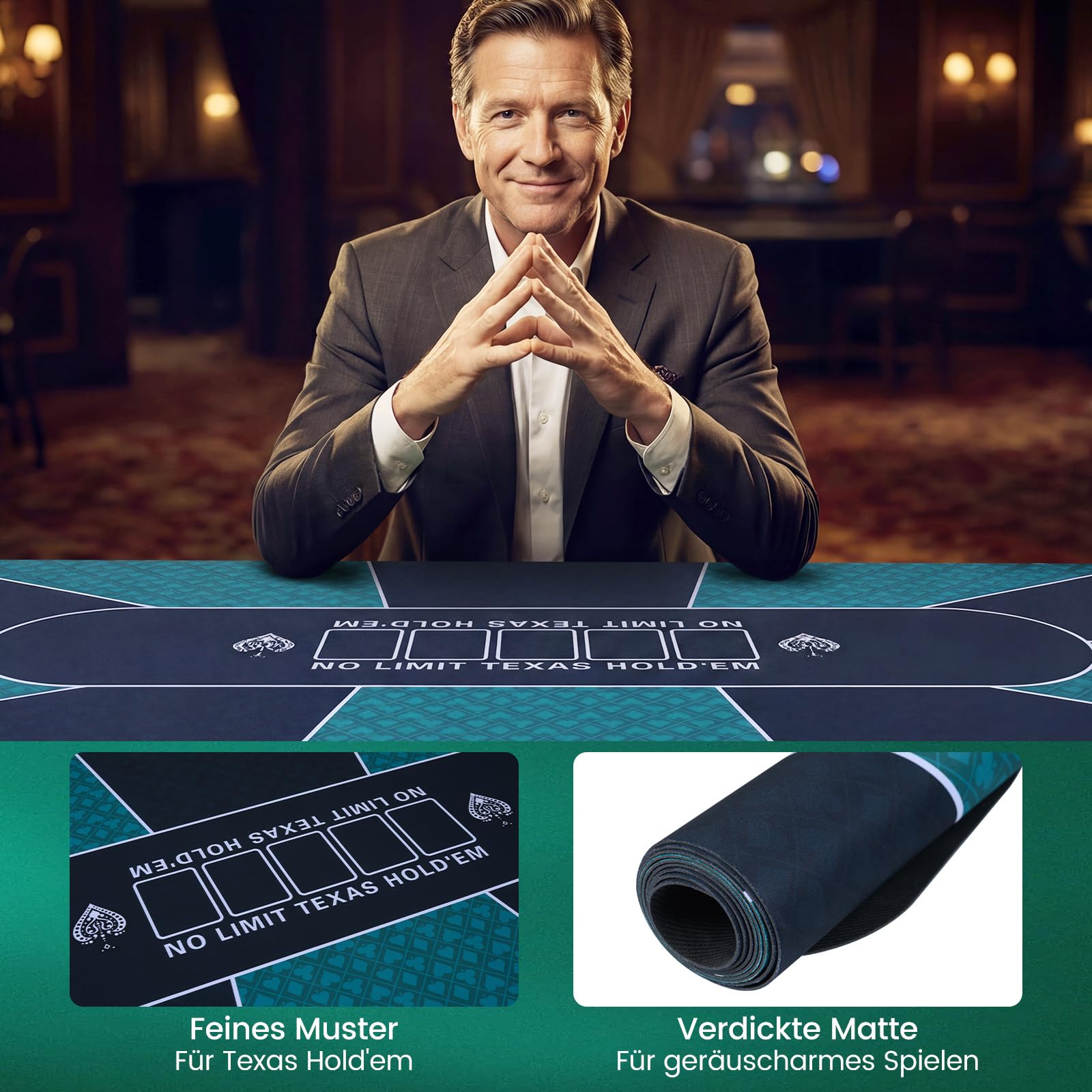 COSTWAY Pokermatte 179 x 89 cm, Texas Hold'em Pokertisch-Auflage rutschfest und wasserfest, Pokerauflage für bis zu 10 Spieler, inkl. Tragetasche, Poker Matte für Casino, Blackjack