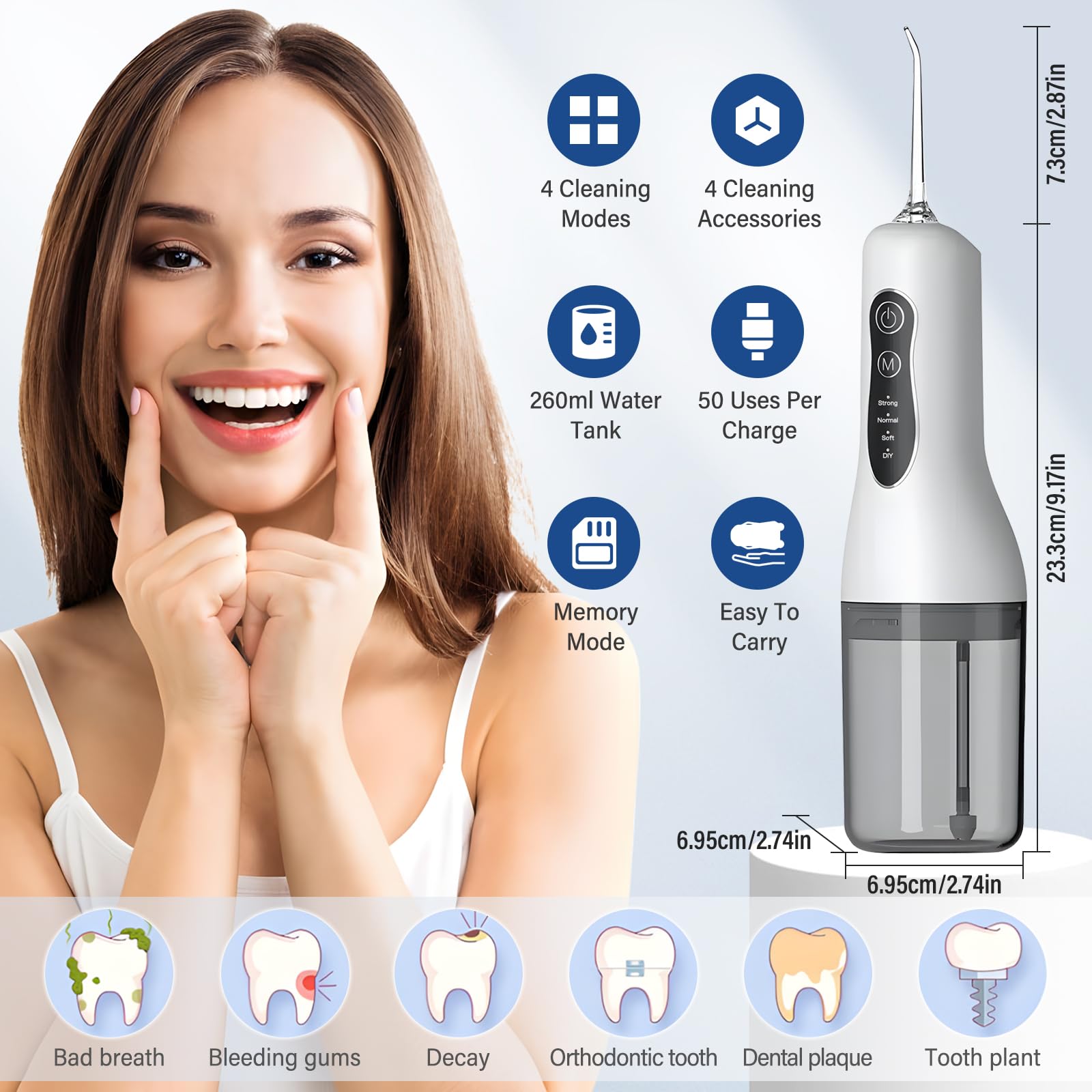 Munddusche Kabellos Elektrischer, Professional Water Flosser, 4 Modi & 4 Düsen, IPX7 Wasserdicht, 1300mAh USB-C Wiederaufladbare Wasser Flosser, 260ML Zahnzwischenraumreiniger Elektrisch