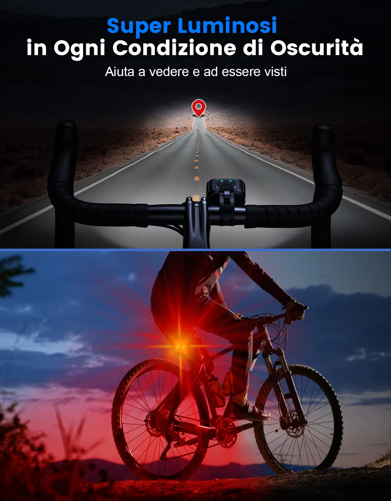 Mohard 2026 Luci Bicicletta LED, 8+12 Modalità USB Ricaricabili Luci Bici Anteriore/Posteriore Aperto Ciclismo, Impermeabile IPX6 MTB/Corsa Luci Avviso e di Emergenza, 58Ore Durata Strap Elastica