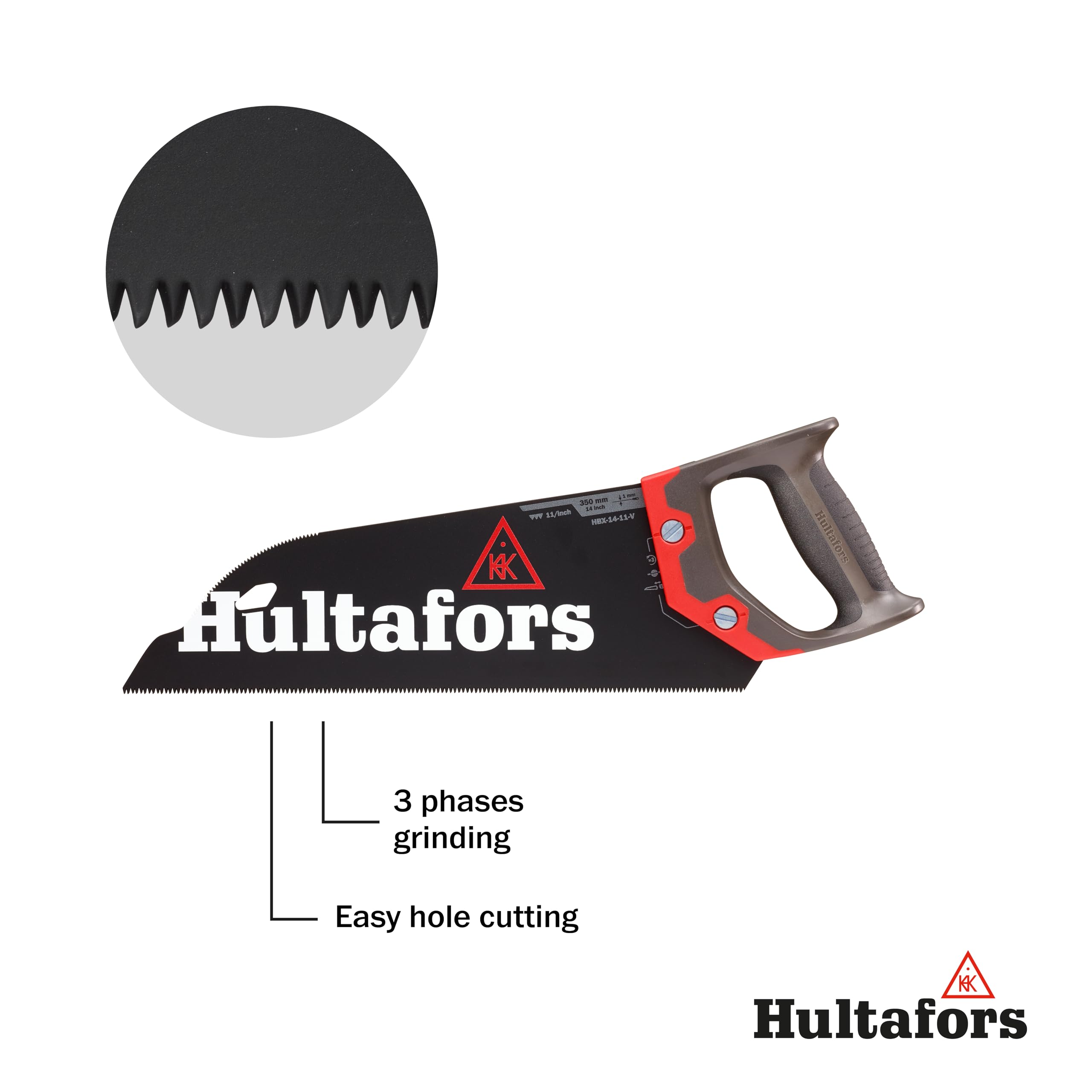 Sierra para chapas de 350 mm de Hultafors | 11 dientes por pulgada | Sierra para madera y laminados | Con mango ergonómico | Sierra de mano duradera con protector de hoja incluido | 590730