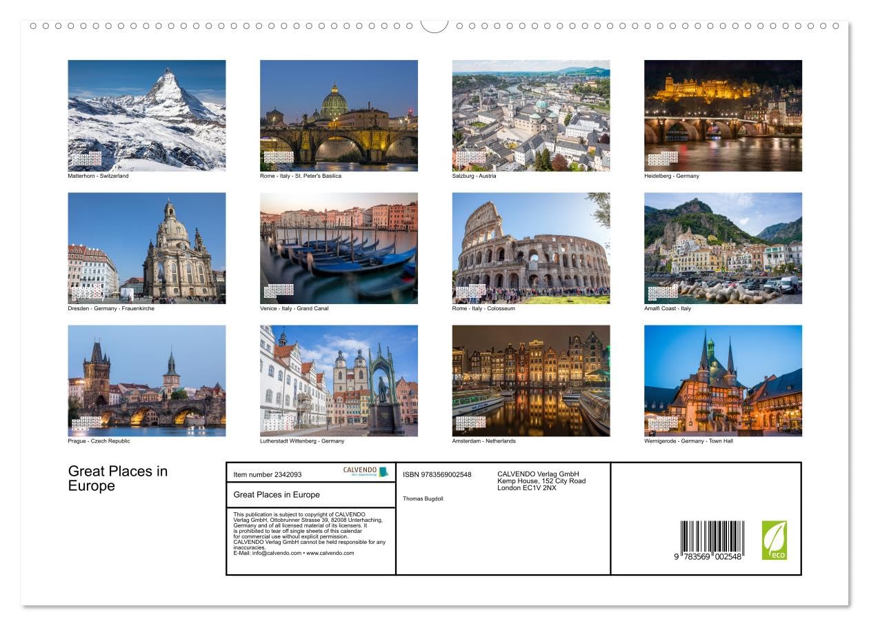 Great Places in Europe (High Quality Premium Wall Calendar 2027 DIN A2 landscape),CALVENDO 12 Month Wall Calendar: Photos of impressive places and landscapes in Europe.