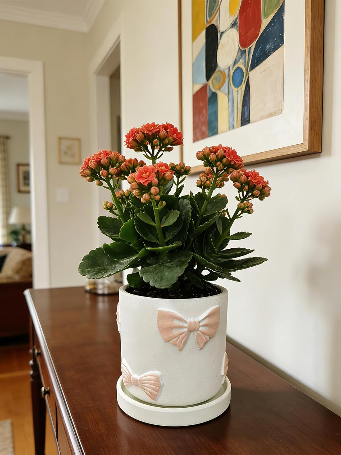 Cute Pink Orchid Pot, Bow Decorative Succulent Planter for Indoor/Outdoor Plants, Hand Painted Pink Bow Cement Flower Pots with Tray/Drainage Hole for Home Room Decor