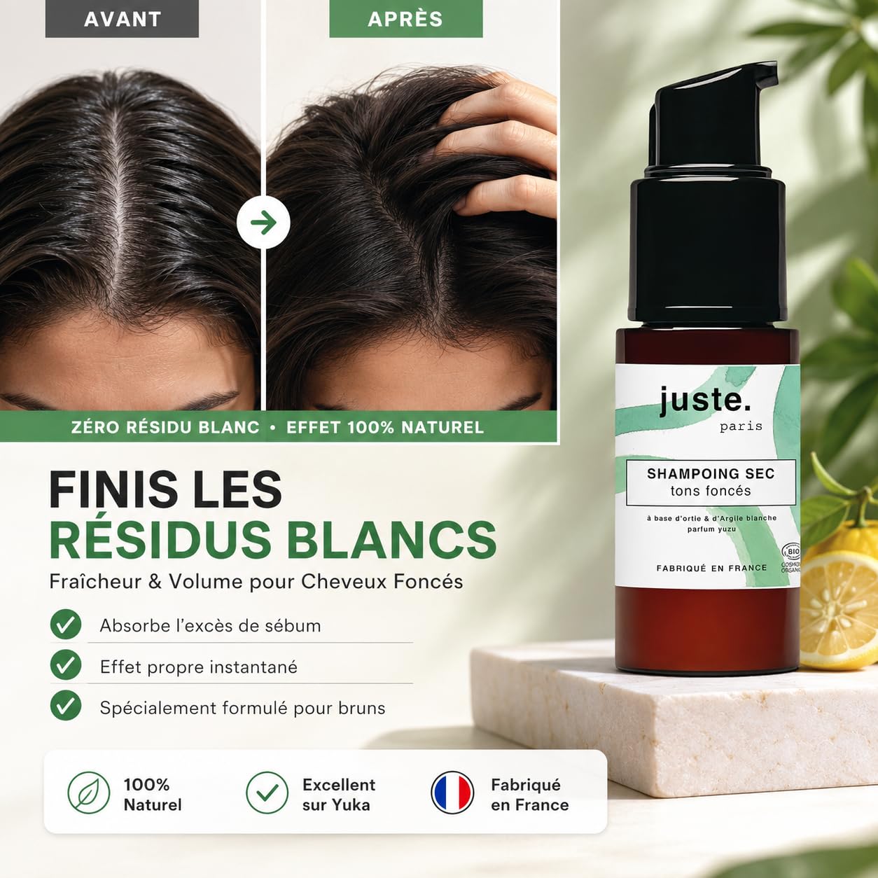 Paquete de champú seco en polvo orgánico oscuro + recargas, 100 usos en total, absorbe el sebo, reda volumen y frescura – Fórmula natural sin aerosol – Perfume Yuzu