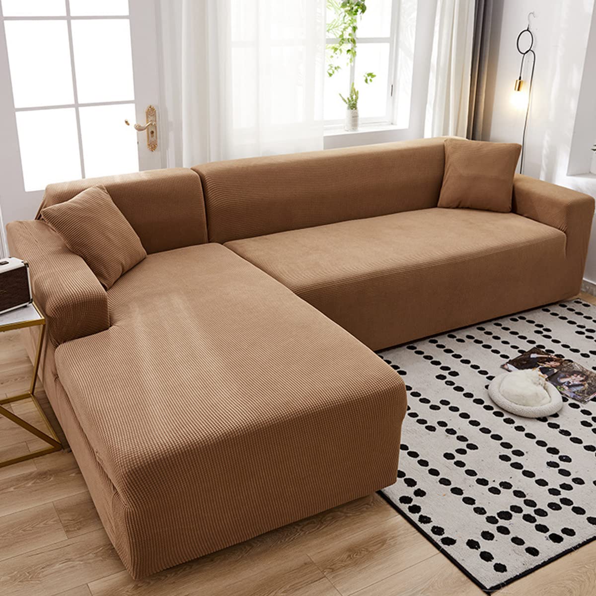 youyoucool Sectional Couch Covers L Sofa Covers Super Stretch 1 pcs Sofa Slipcovers for 2 Seaters Chaise Slipcover Pets, Coffee color