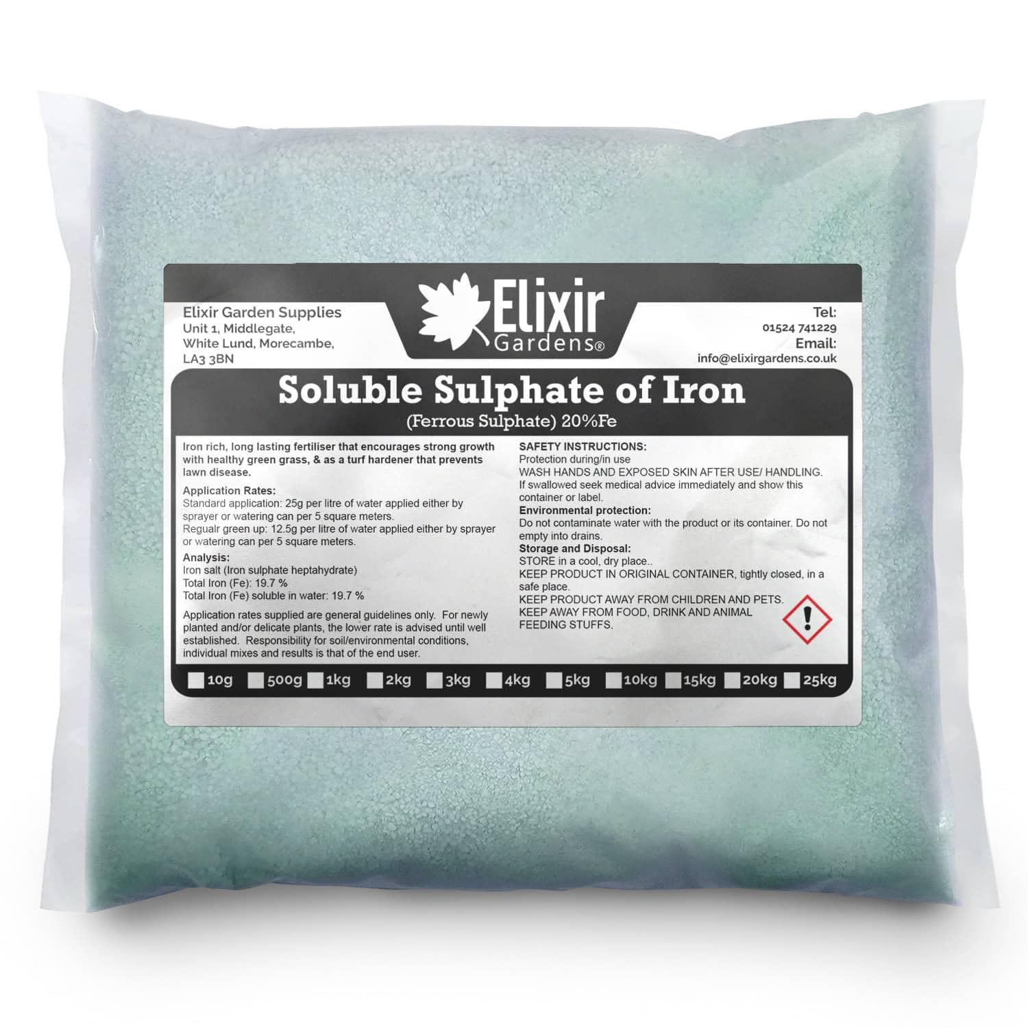 Elixir Gardens 20% Fe Soluble Iron/Ferrous Sulphate | Lawn Tonic & Grass Green-Up | 10kg Bag | Makes 800L of Liquid Feed
