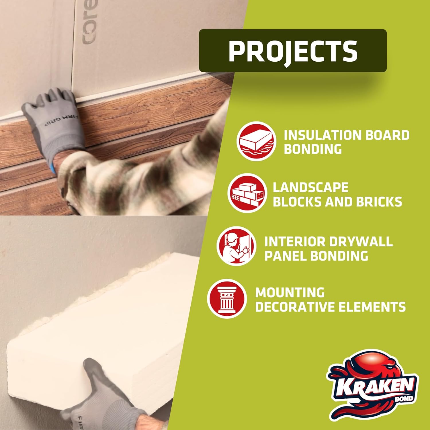 Kraken Bond Fastbond Spray Foam Adhesive (2x24oz.) - Heavy Duty Construction Adhesive for Insulation, Wall & Facade, Concrete, Stone, Subfloor, XPS & EPS Foam Board, Gun&Cleaner Included | 2 Pack