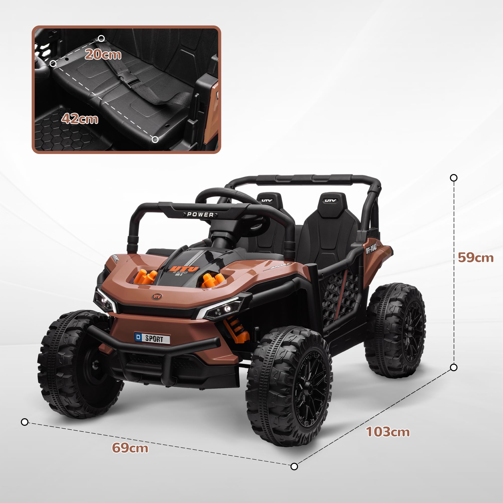AIYAPLAY Voiture Électrique Enfant UTV Buggy Électrique Enfant Marron | Télécommande 2.4Ghz, 2 Moteurs 12 V, 2 Vitesses, Musique, Klaxon, Lumières, 3-5 Ans