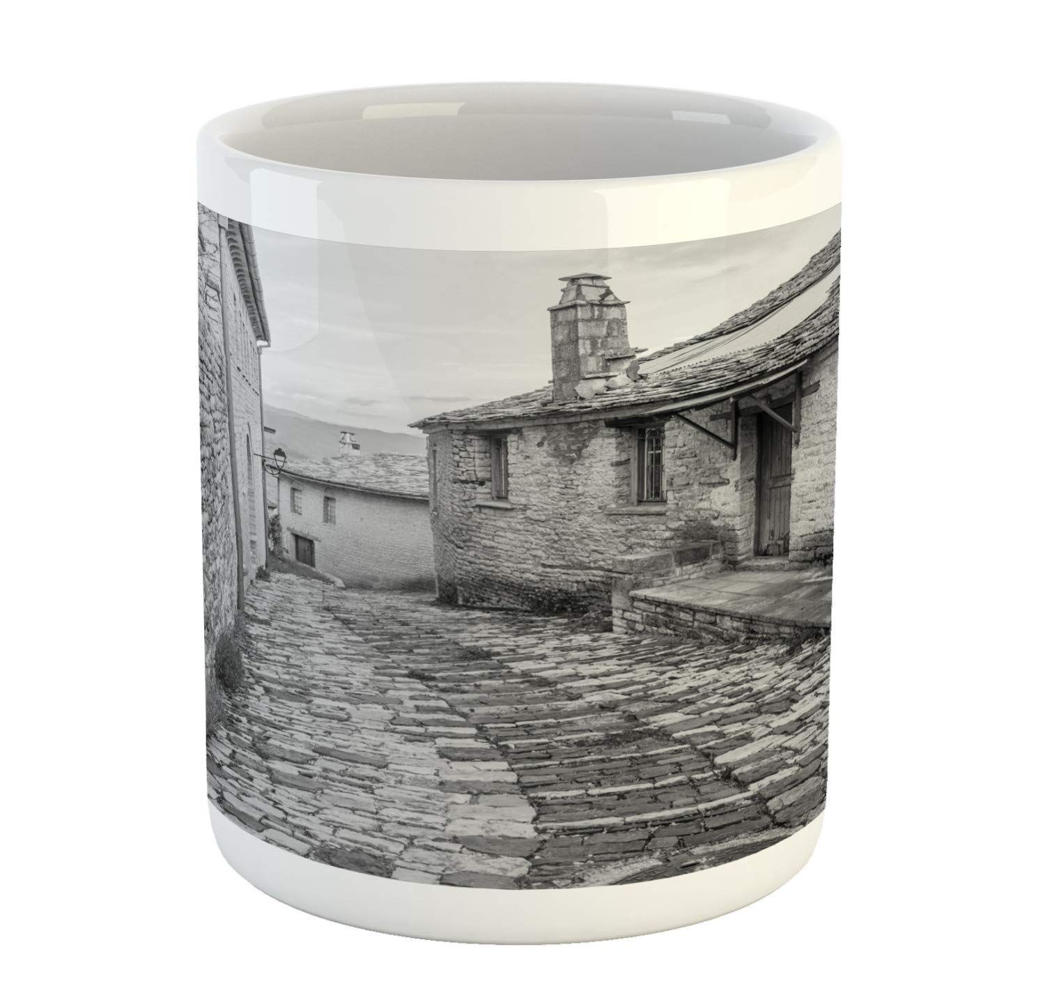 Smalltown Landscapes Mug, Picturesque Village of Vitsa in the Zagori Area Greece, Ceramic Coffee Mug Cup for Water Tea Drinks, 11 oz, Grey Dimgray