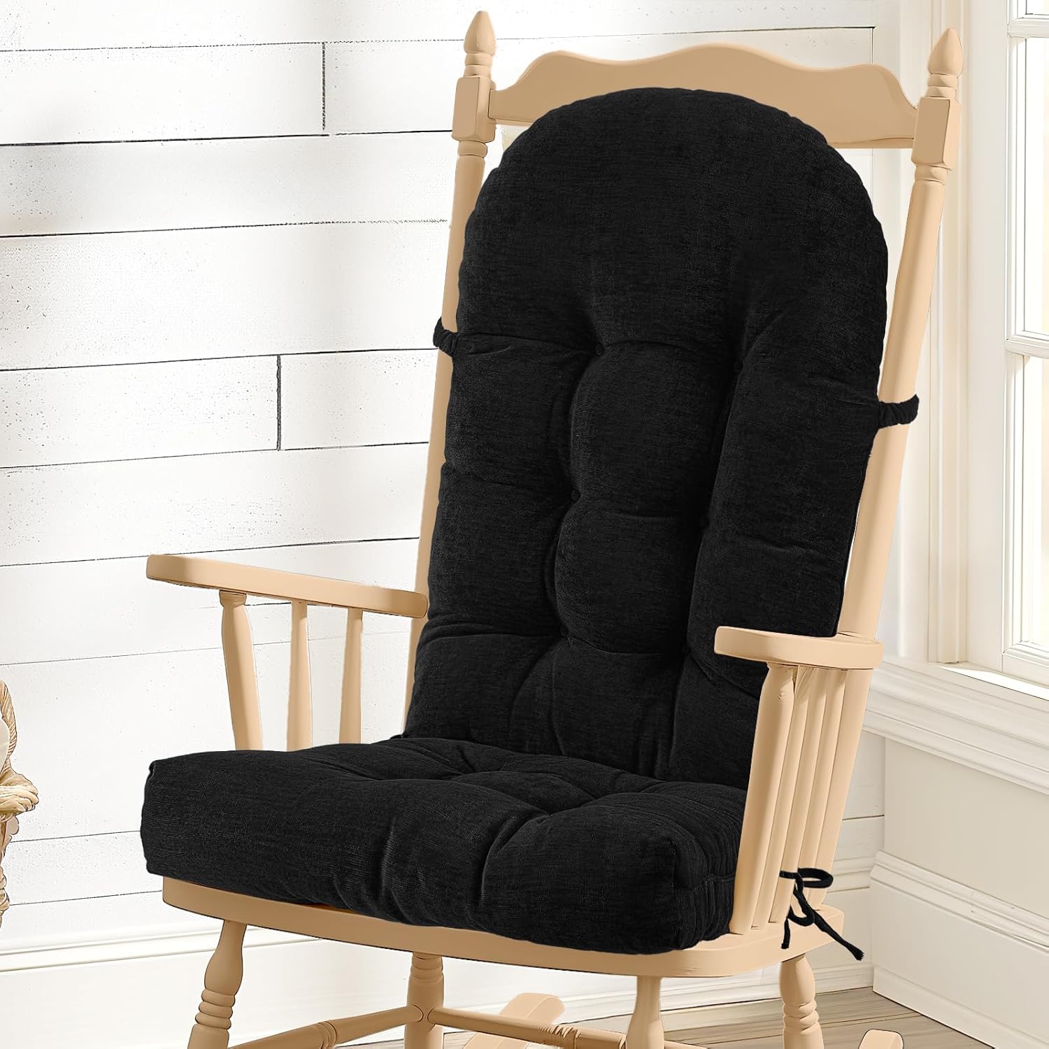 Rocking Chair Cushion - Chenille Fabric, High-Density Sponge, Durable Comfort Non-Slip Bottom Tufted Seat Pads with Ties, Chenille?Black, 44x19x4 inch Chenille I Black 44x19x4 Inch