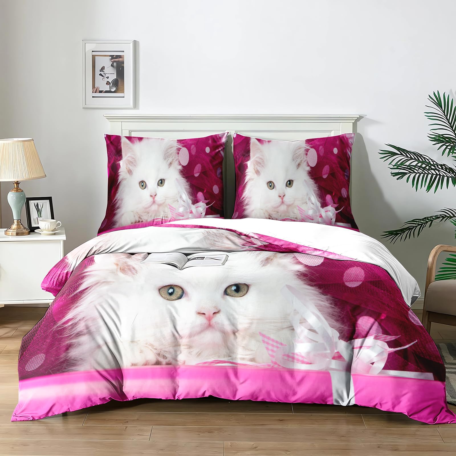 Yzehomijia Cat Duvet Cover Sets 200×200 cm, 3D Cat Print, 1 Pink Microfibre Duvet Cover + 2 Pillowcases 65×65 cm.(Cat1×200)