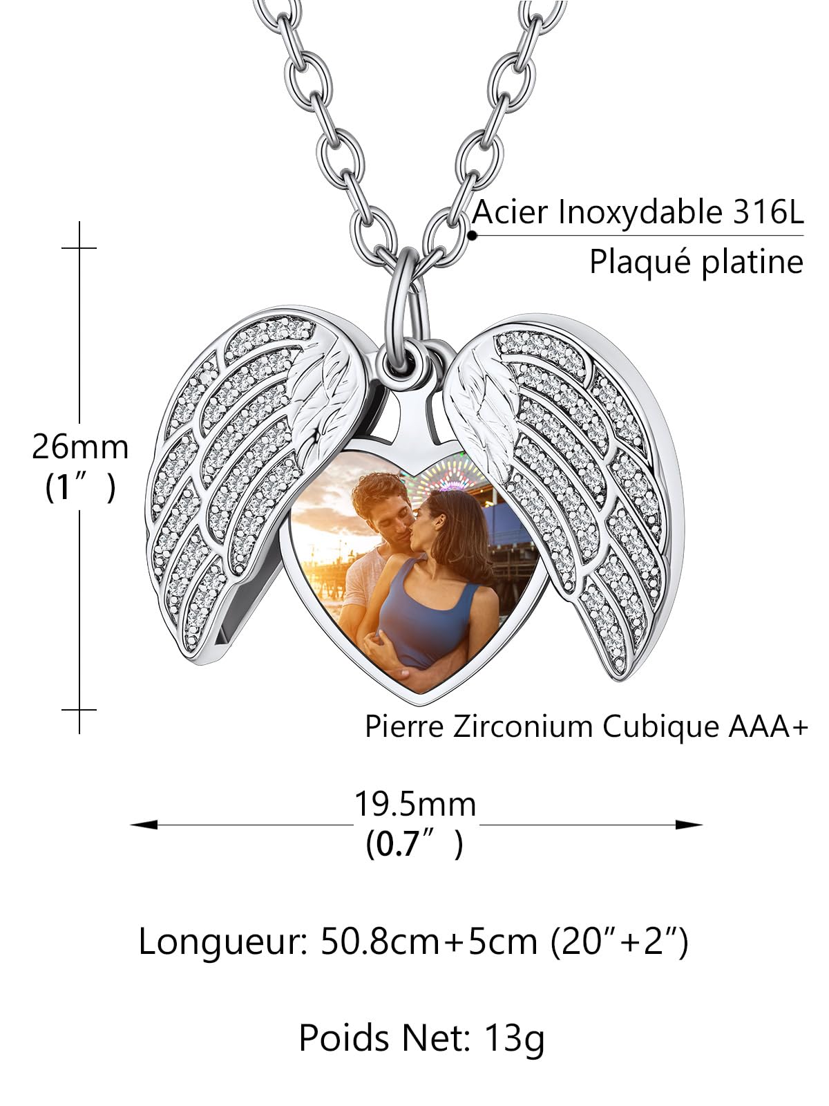 Custom4U Collier Personnalisé Photo Acier Inoxydable,Médaillon Aile d'ange Pendentif Porte Photo Gravé avec Chaîne 50+5 cm(Boîte Cadeau)