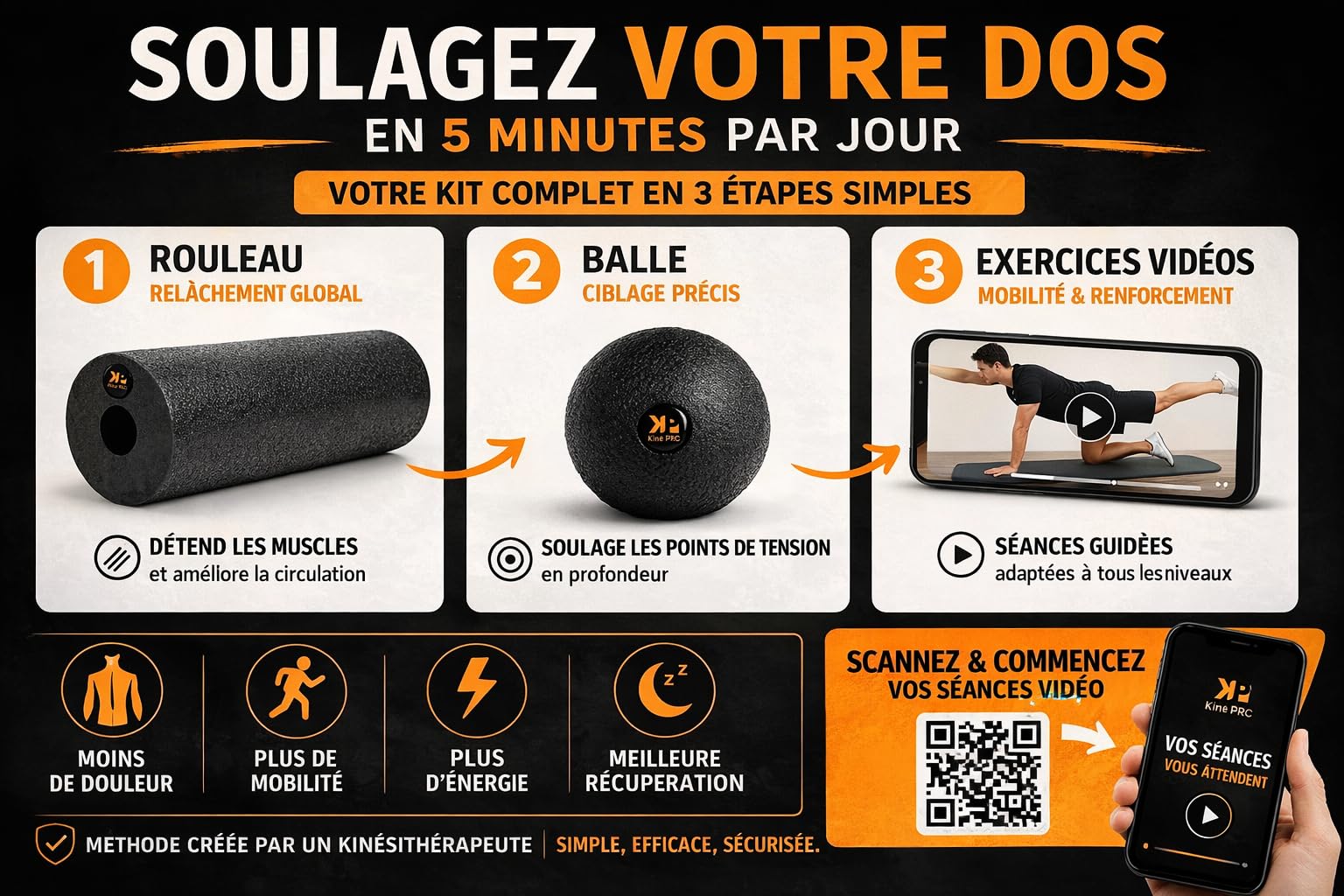 Rouleau de Massage + Balle Fascia – Dos & Lombaires – Programme Vidéo Guidé – Soulagement Douleurs Lombaires – Conçu par Kinésithérapeute
