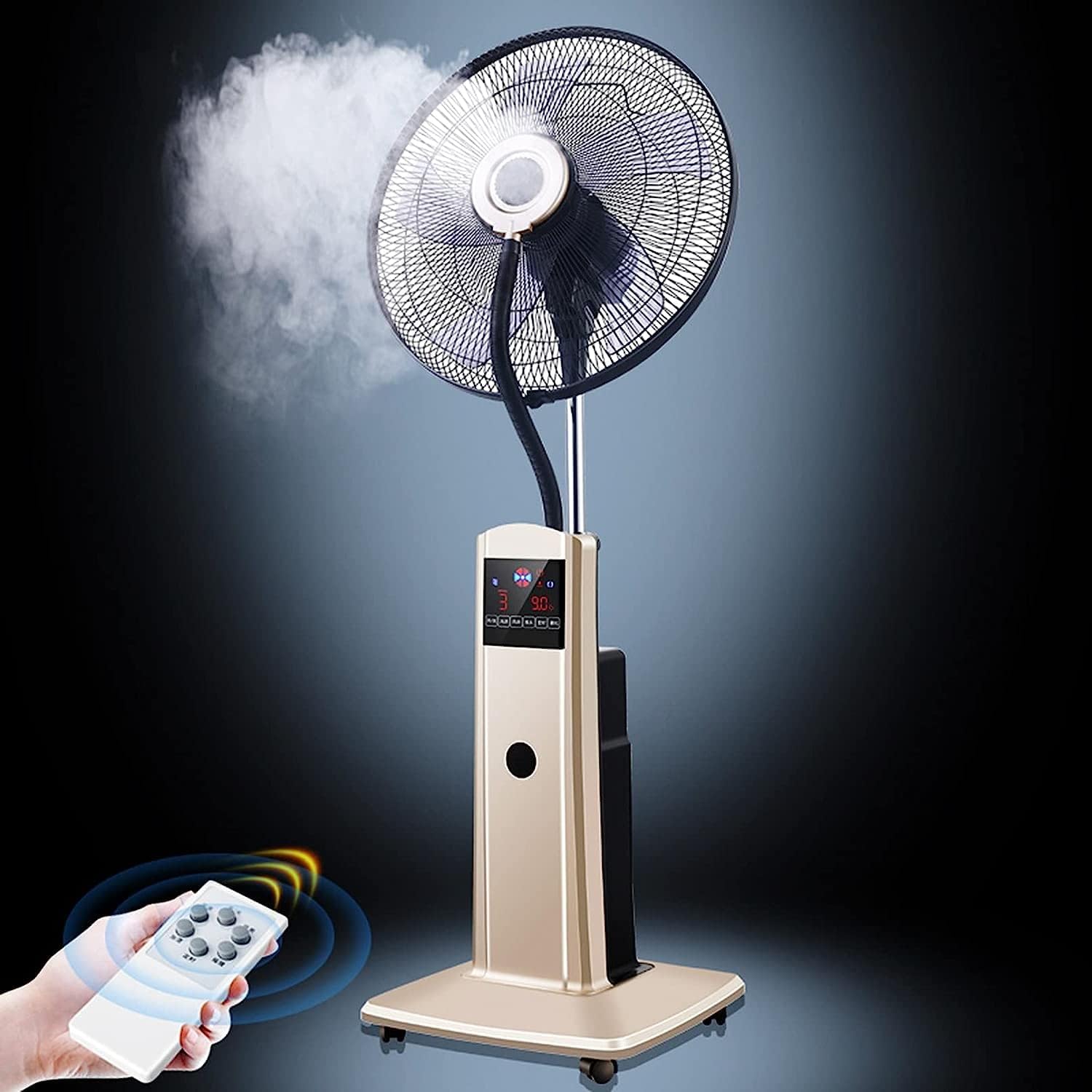 Standing Oscillating Misting Fan Pedestal Fan with Remote Control, 8 Hour Timer, 3-Speed and 1.7 L Water Tank, 16-inch AC Motor, for Patio, Restaurant, Gold